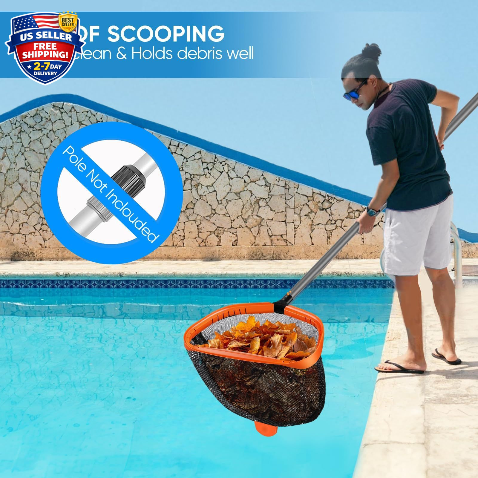 17.5&Prime; Pool Net, Pool Skimmer Net with Double-Layer Netting Bag, Aluminum Frame,