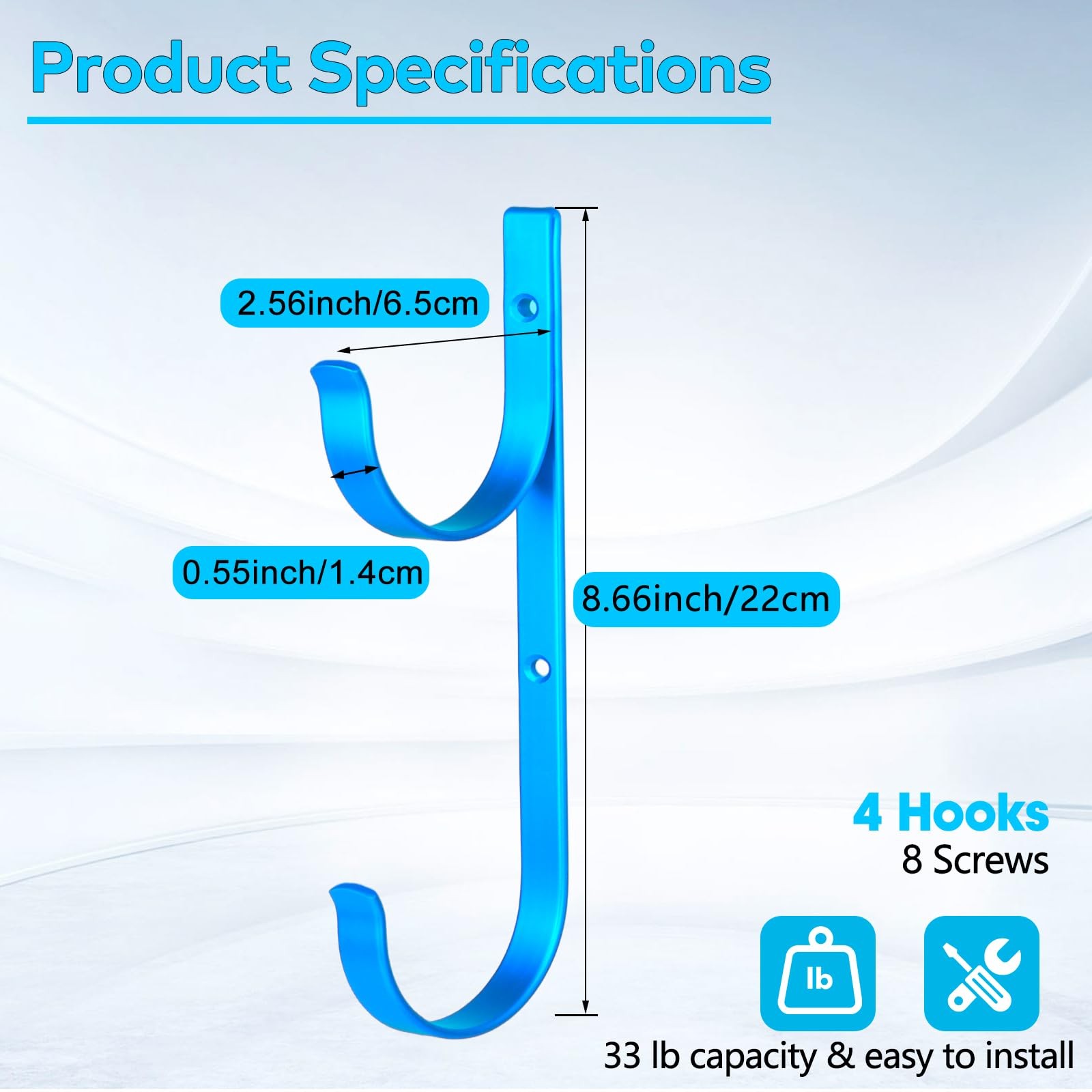 Aluminum Pool Pole Hanger Set 4 Blue Hooks for Rakes, Skimmers, and Tools