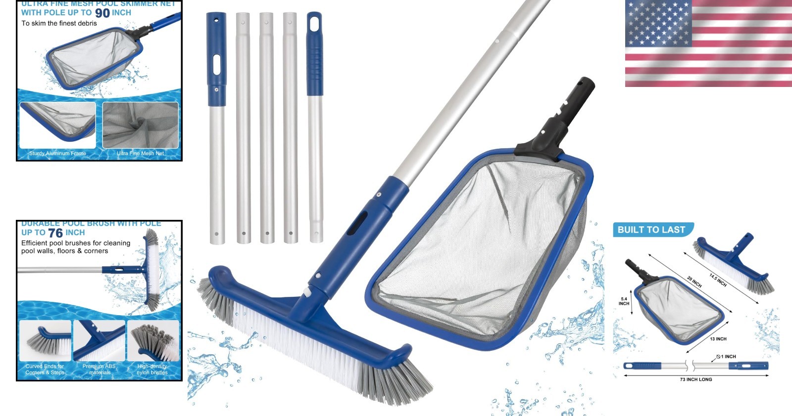 Pool Cleaning Kit – Durable Skimmer Net & Brush with 73 » Aluminum Pole