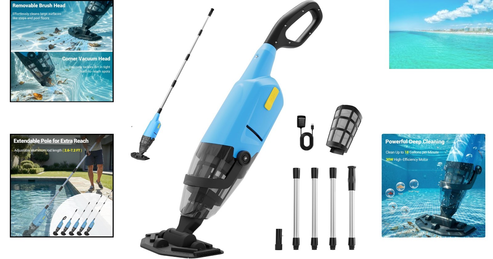 Effortless Above Ground Pool Cleaning: 18 GPM Suction & 4-Section Pole Design