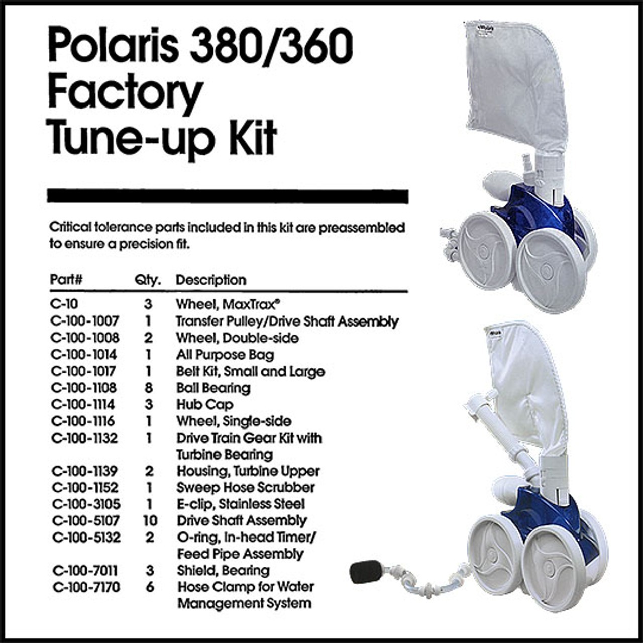 Polaris 360 or 380 Swimming Pool Cleaner Factory Tune-Up Kit Part # 9-100-9010