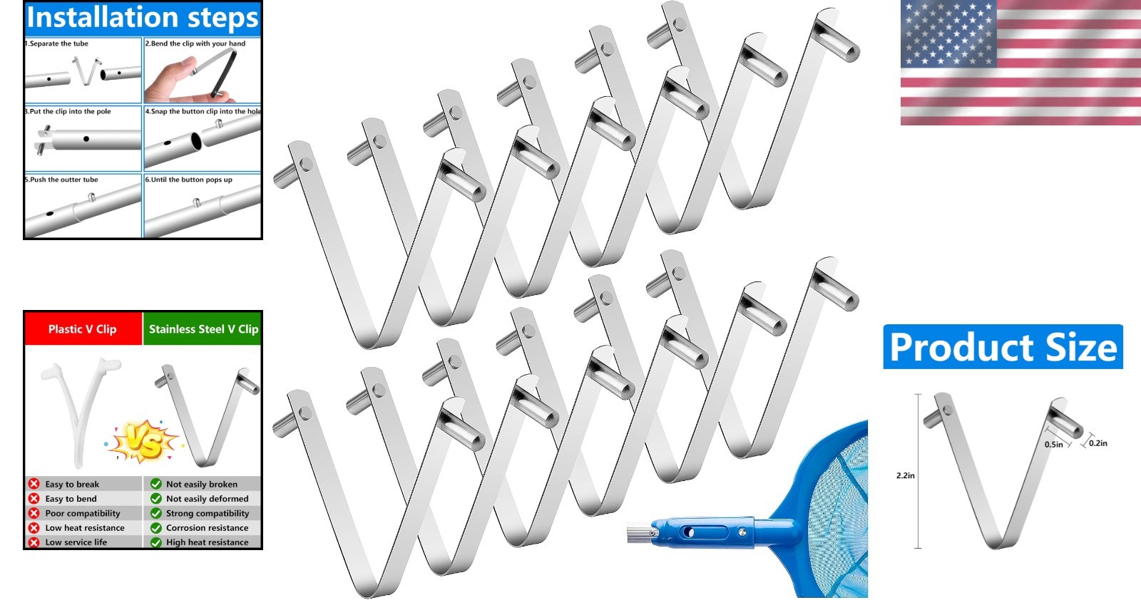 Compact Stainless Steel V-Clips – Universal Design for Pool Tools & Equipment