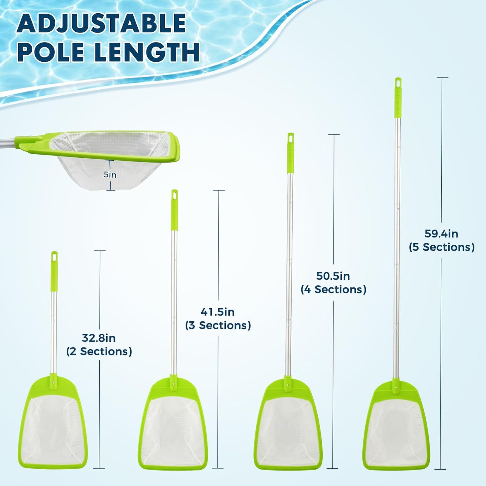 Pool Skimmer Net with Aluminum Pole, Adjustable 33 to 59 Inches, Leaf Rake for