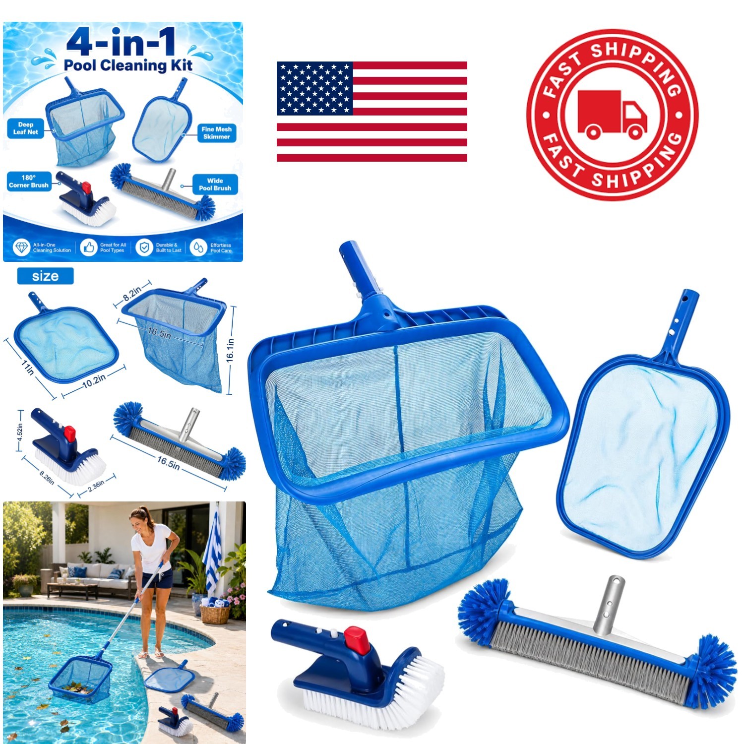 Professional Pool Cleaning Tools 4 Piece Set for Debris Removal and Maintenance