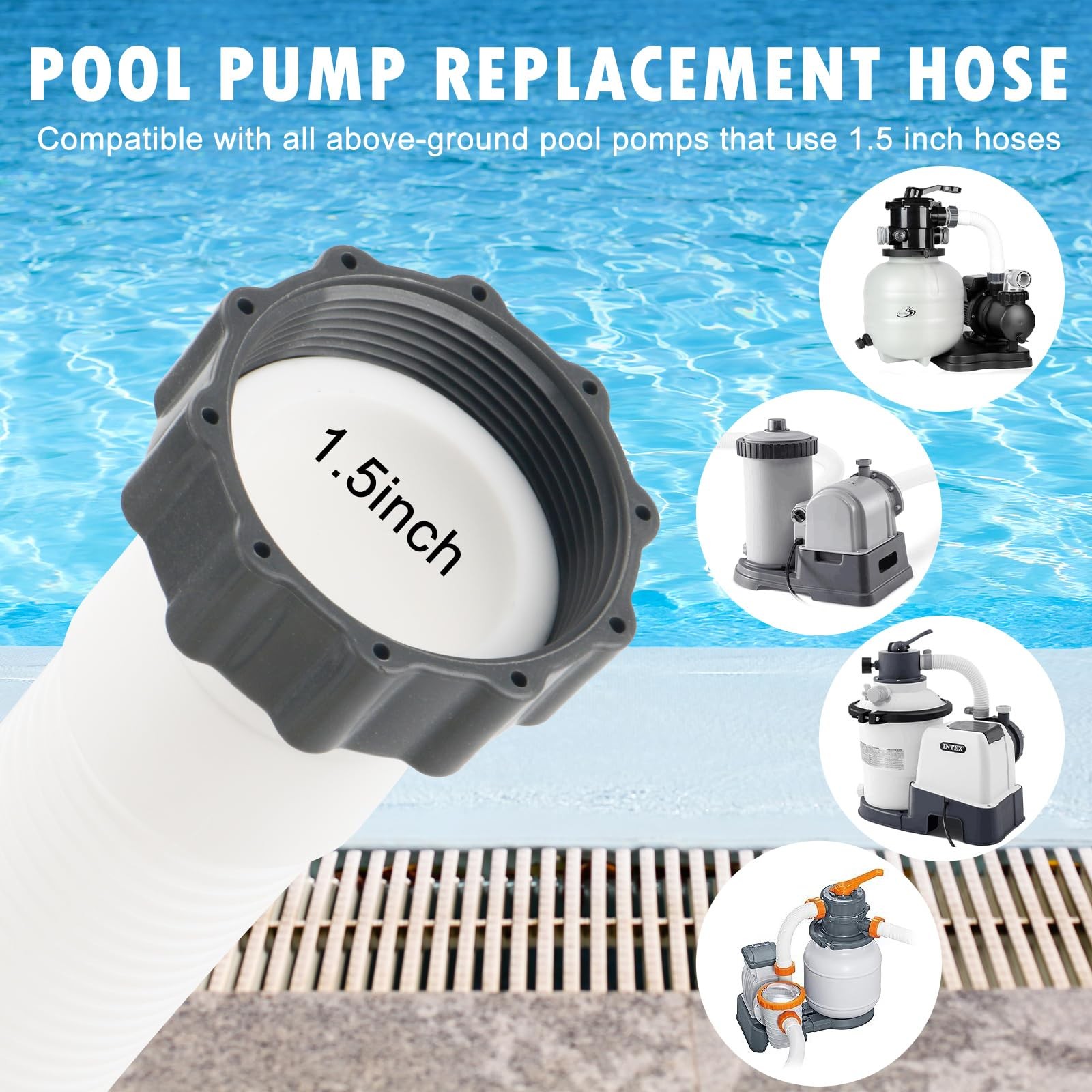 HOMNUTS Pool Hoses for Above Ground 1.5’’ Diameter 59&Prime; Long 1.5inx59in, White