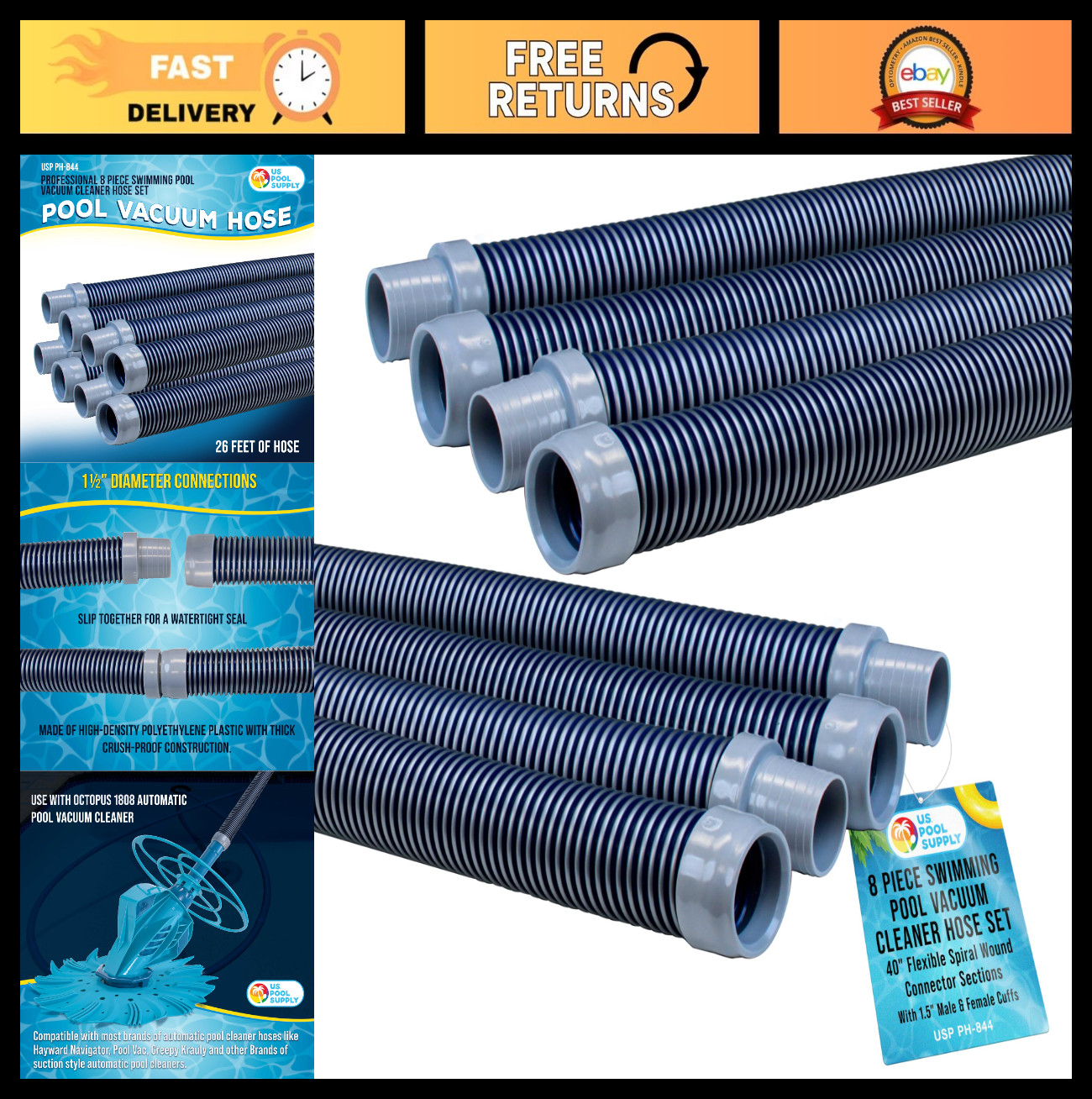 Flexible Pool Vacuum Hose Set – 8 Pieces, 40&Prime; Spiral Wound Connectors, 1.5&Prime; Cuff