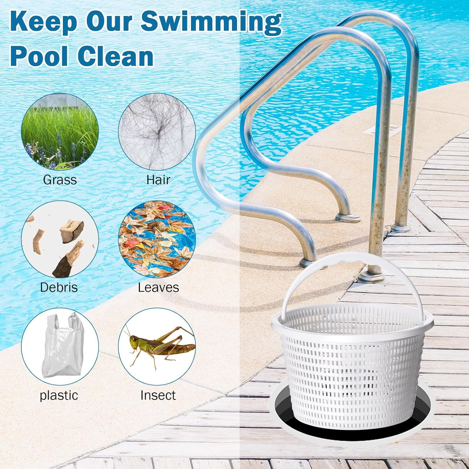 3 Pcs Pool Skimmer Basket with Extendable Hook for Cleaning