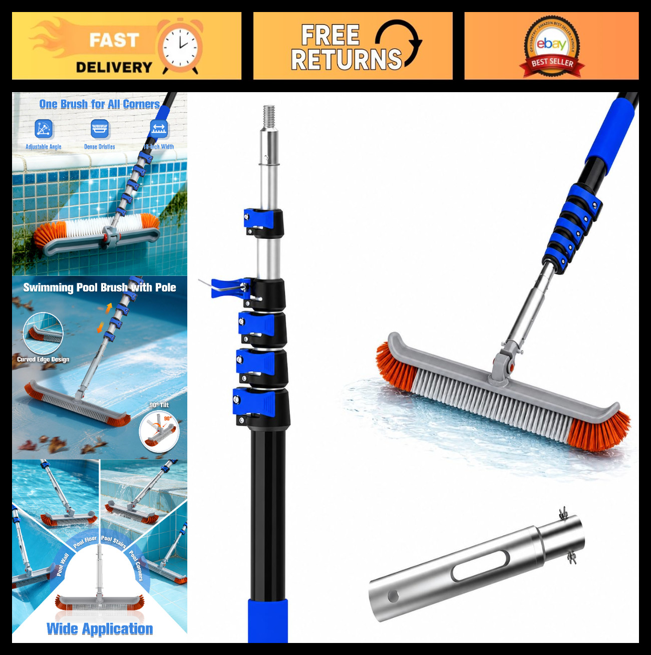 Telescopic Pool Brush 3-12FT, 18&Prime; Cleaning Tool for Walls & Floors, Dual Lock