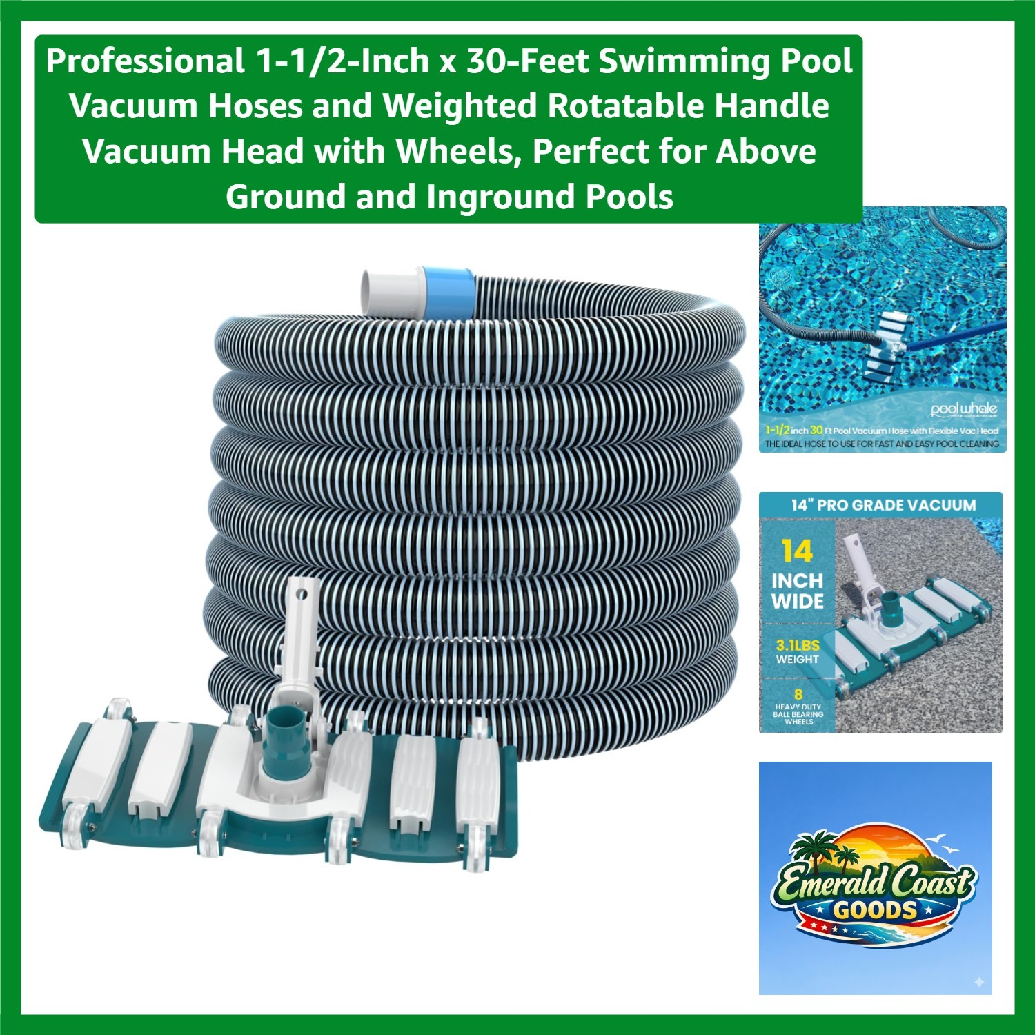1.5-Inch x 30-Feet Pool Vacuum Hose with Adjustable Head for All Pool Types
