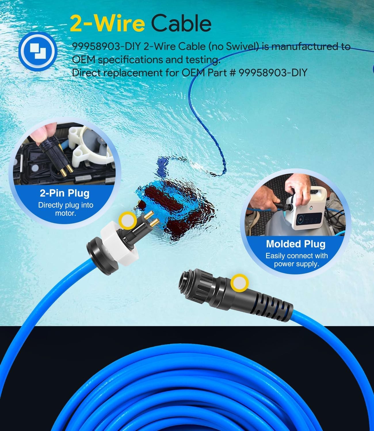 For Dolphin Pool Cleaner 99958903-DIY Cable Cord 2-Wire 60FT Triton PS PoolStyle