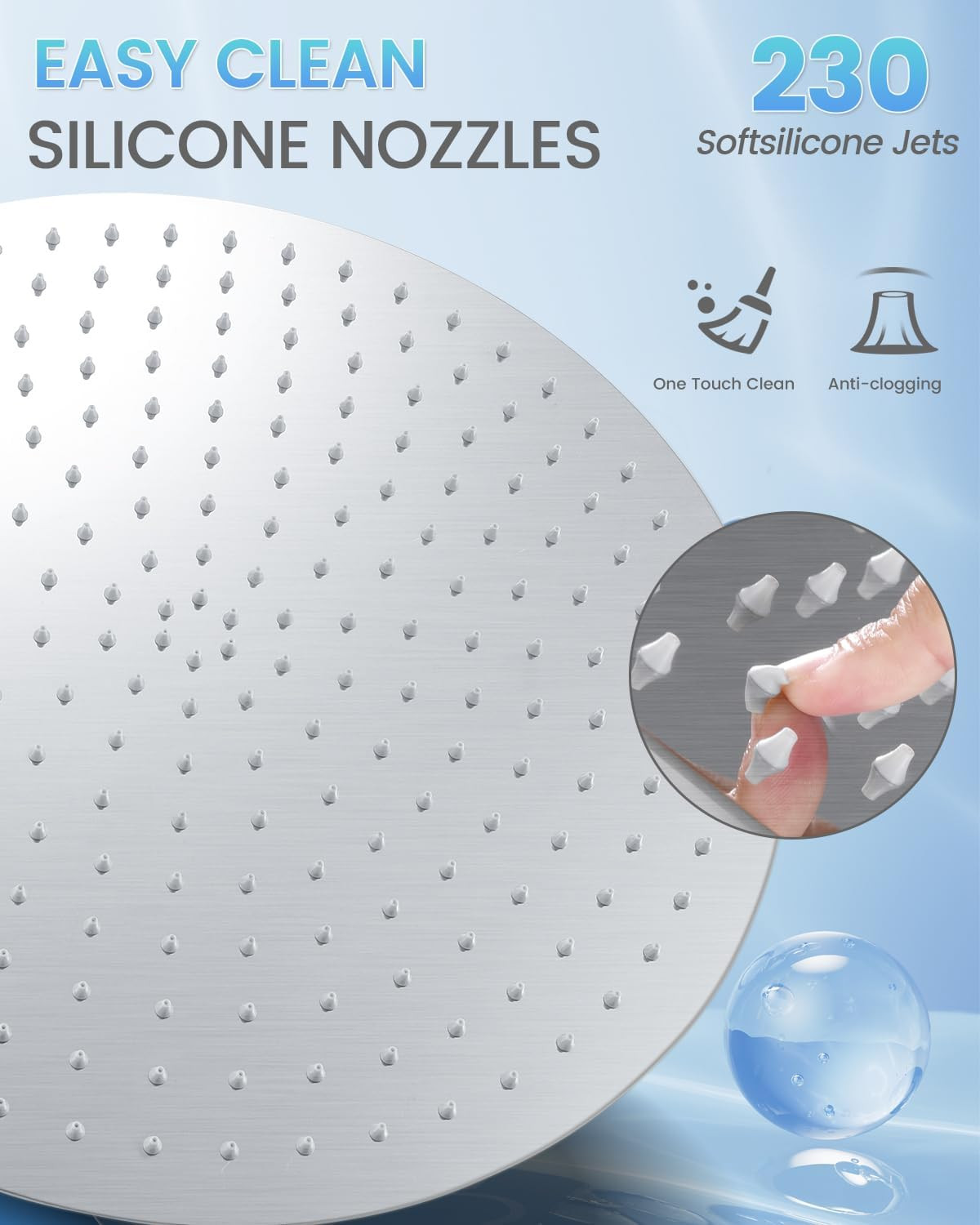 16&Prime; Brushed Nickel Rainfall Shower Head – All Metal with 230 Nozzles