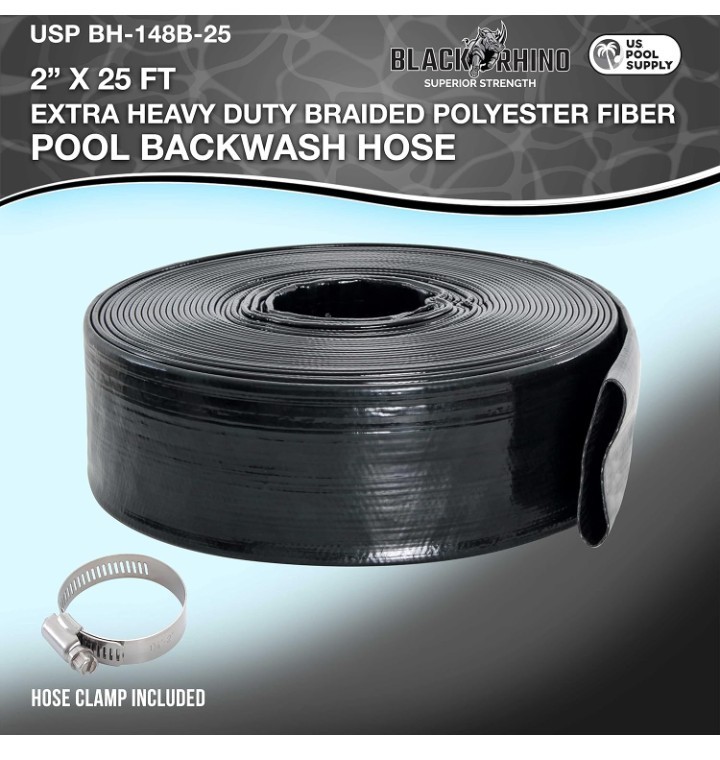 Black Rhino Heavy Duty Reinforced Burst Proof PVC Pool Hose 2in x 50ft Clamp