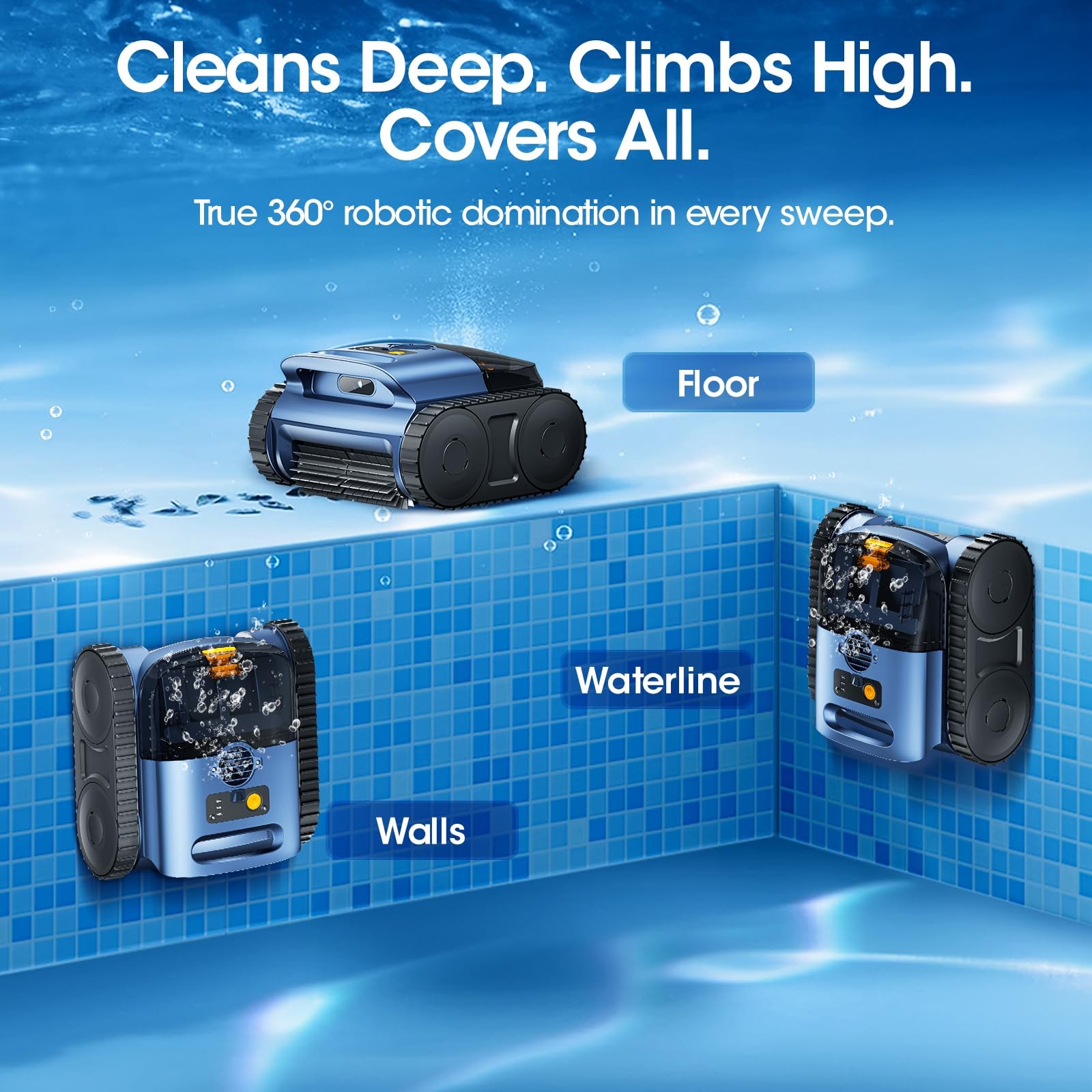 Cordless Robotic Pool Vacuum with Sonar Navigation & Track Drive, Navy Blue