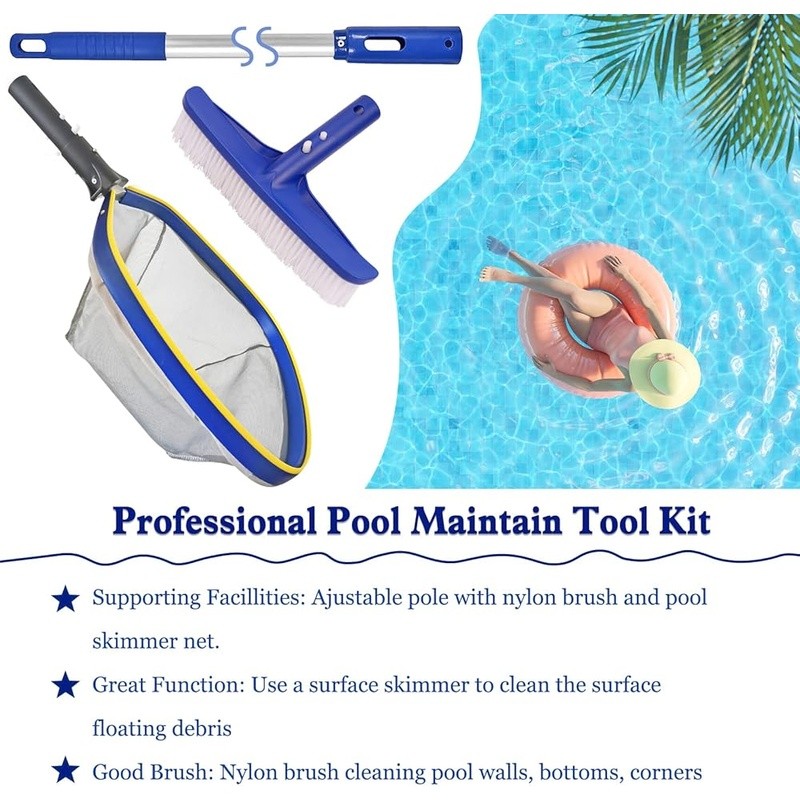Pool Maintenance Set W/ Brush Skimmer Net Adjustable Aluminum Pole Cleaning New