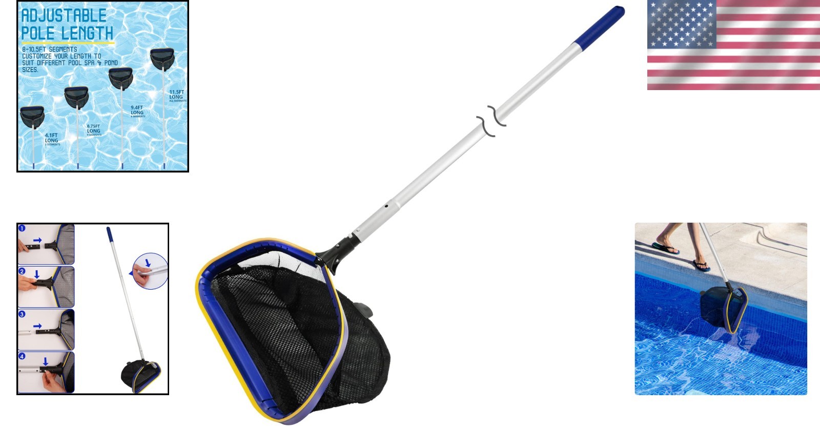 Professional Grade Pool Rake Net with Fine Mesh, 3ft-10ft Adjustable Handle