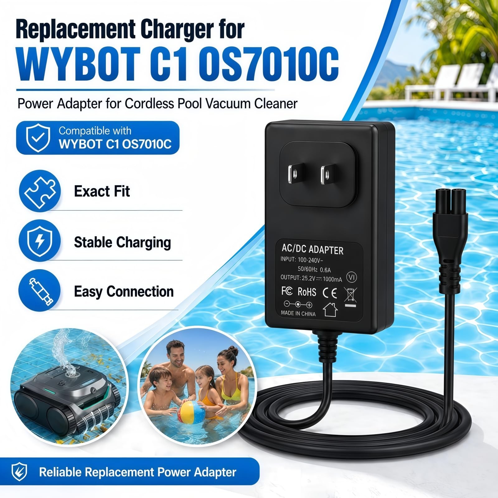 25.2V Fast Charger for WYBOT C1, C2, C2B, and OS7010C Robotic Pool vacuums; A…