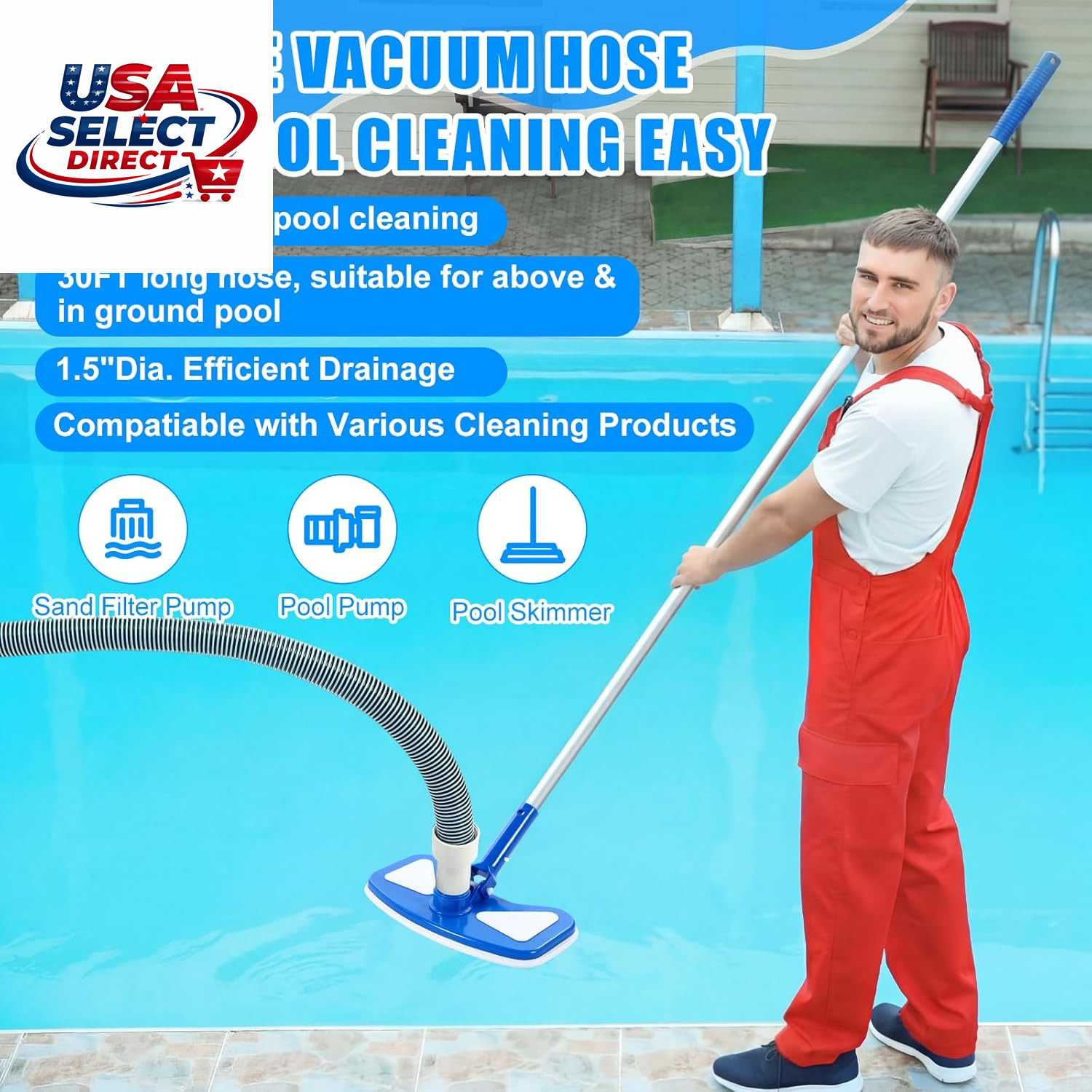 4 Pcs Pool Vacuum Kit with 11.8&Prime; Head, 29.5 Ft Hoses, Skimmer Net
