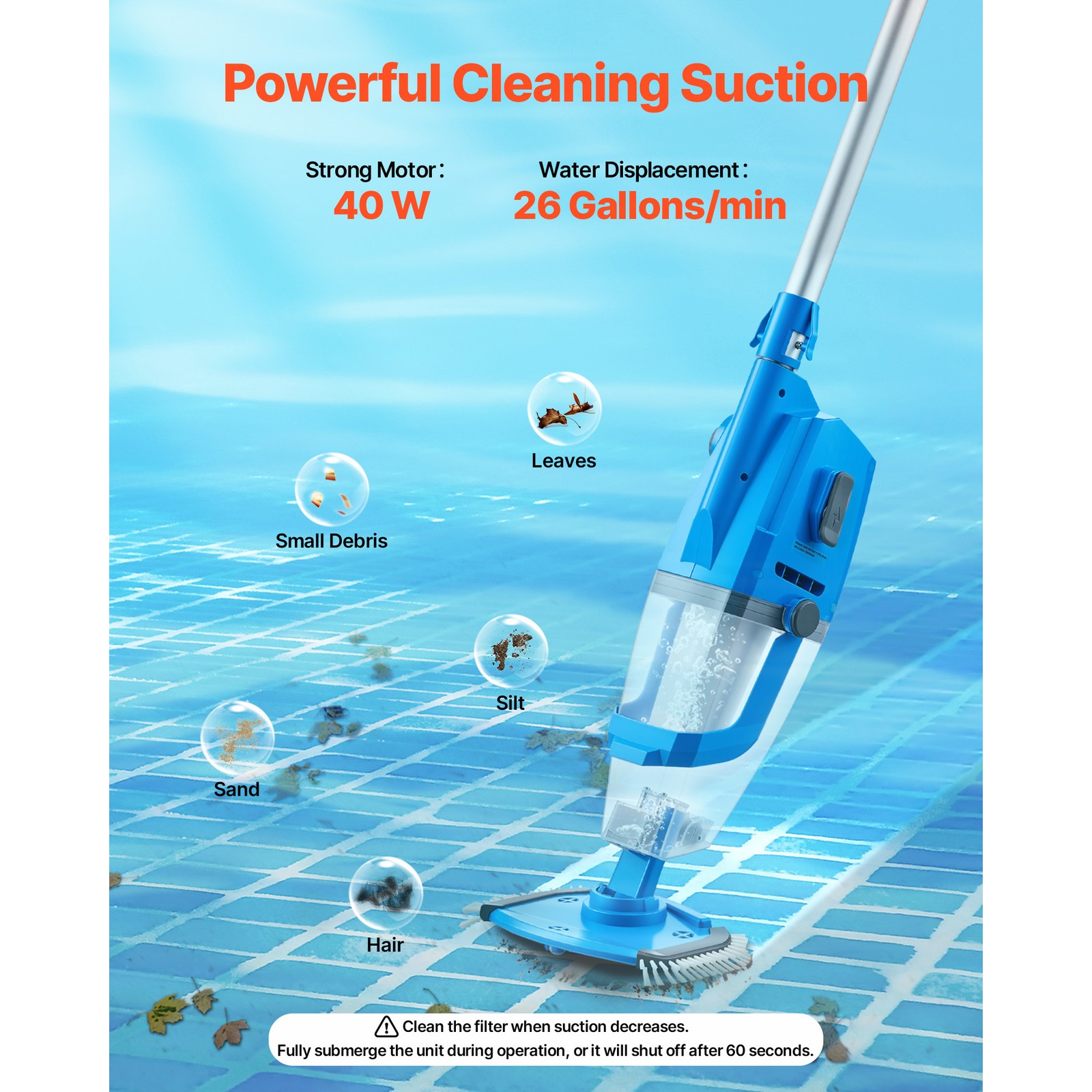 Uimoso Rechargeable Pool Vacuum 26 GPM, 1-Hour Runtime, Includes Extension Pole