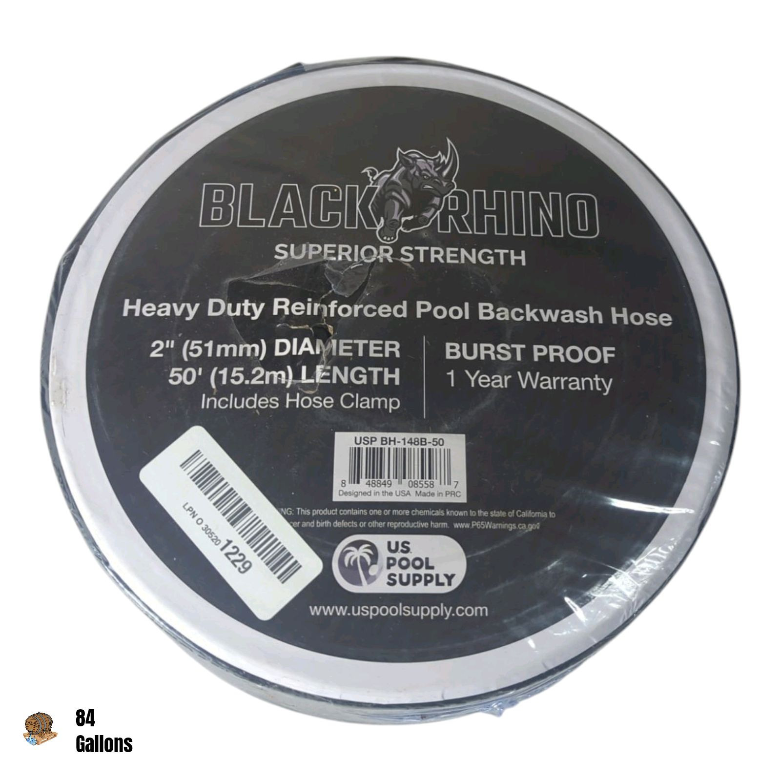 U.S. Pool Supply Black Rhino 2&Prime; x 50&prime; Pool Backwash Hose with Hose Clamp