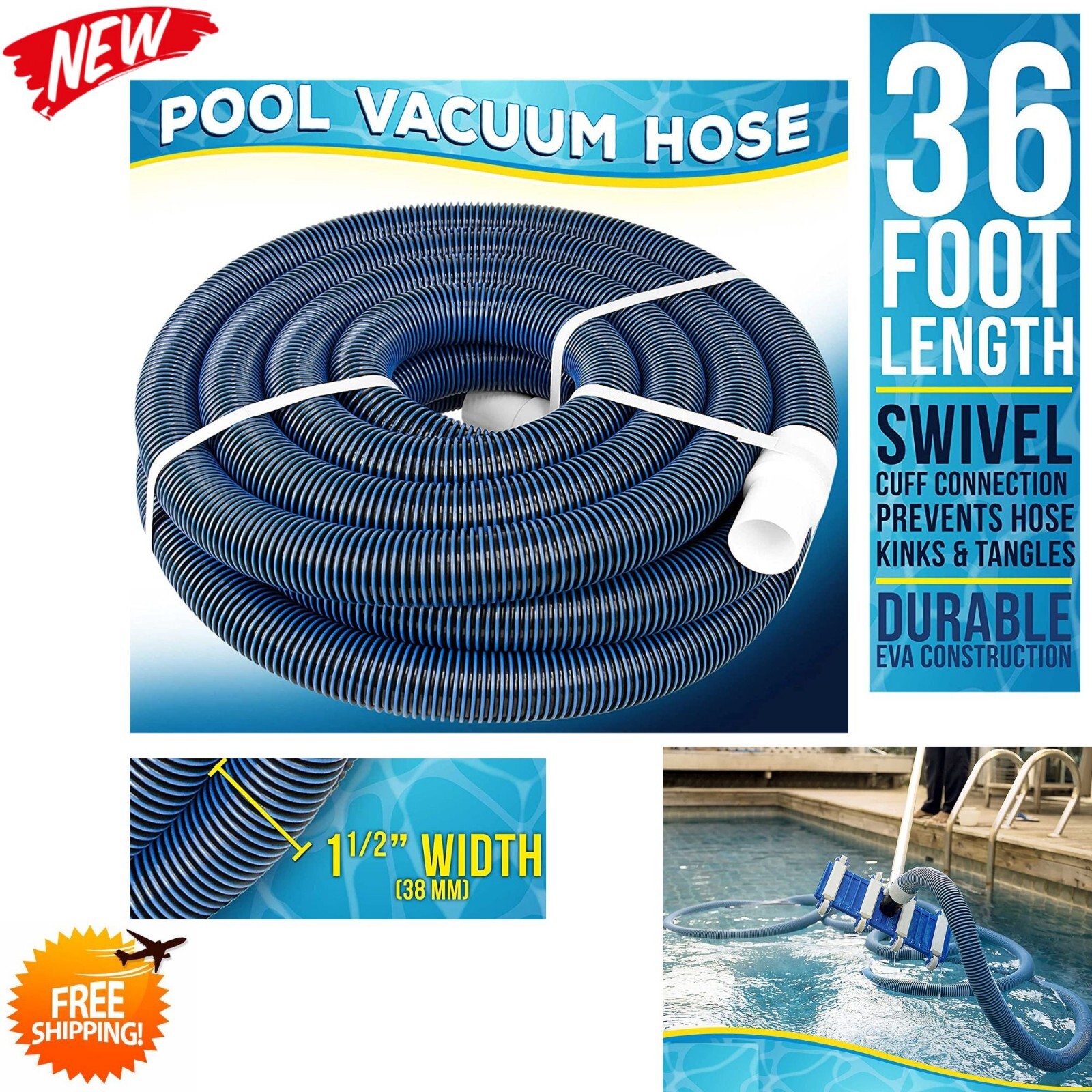 1-1/2&Prime; 36Ft Swimming Pool Vacuum Hose W/ Swivel Cuff for Filter Pumps Heavy Duty