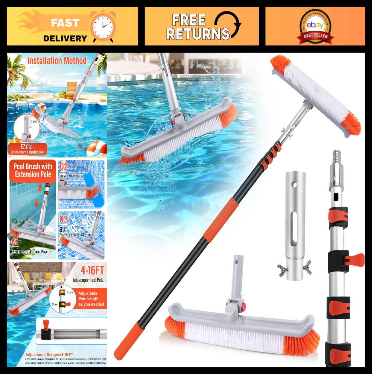 16FT Telescoping Pool Cleaning Pole with 19&Prime; Brush Head – Heavy Duty Adjustable