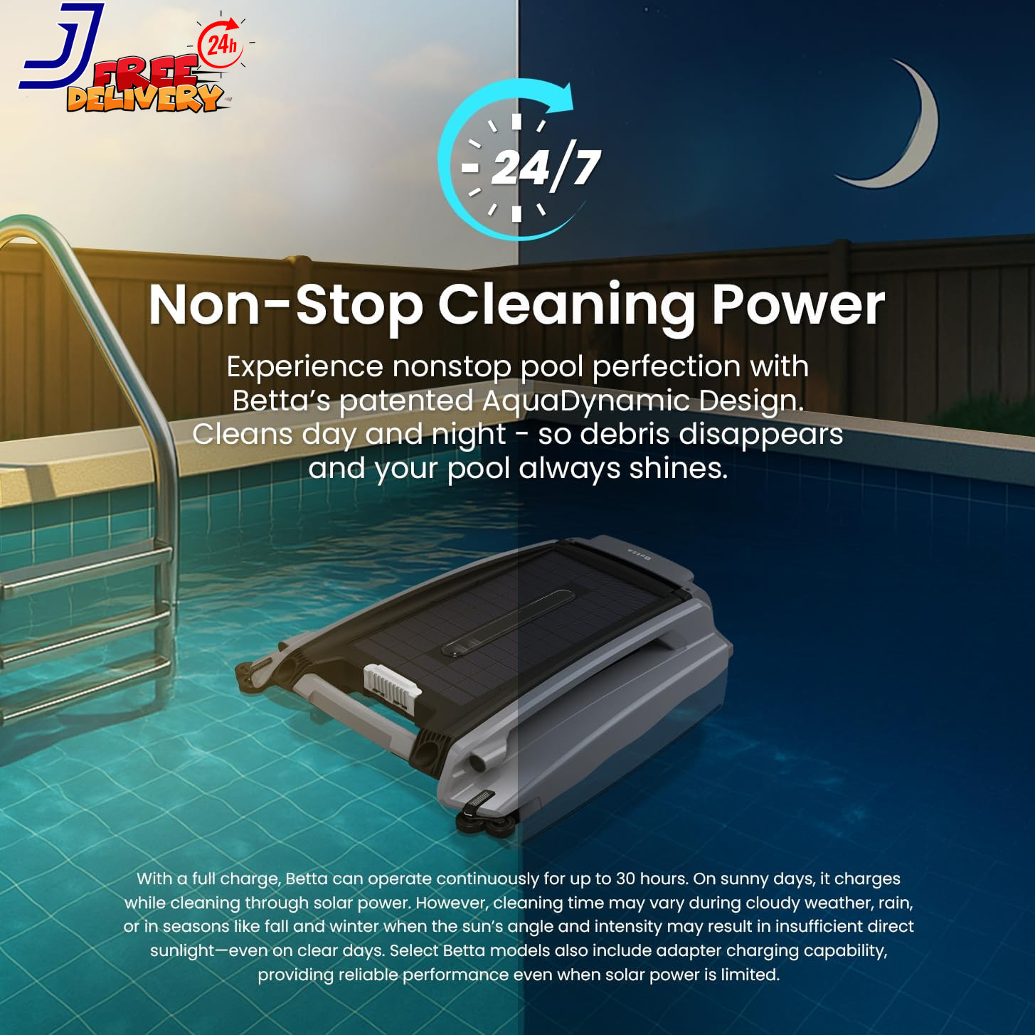 Solar-Powered Robotic Pool Skimmer with 24/7 Continuous Cleaning Power Dual Char