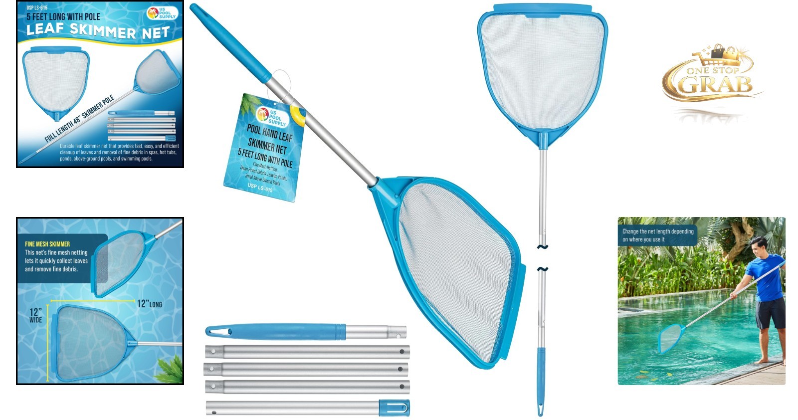 Pool & Spa Skimmer Net with Telescoping Pole 32&Prime;-5ft Fine Mesh Pool Cleaner