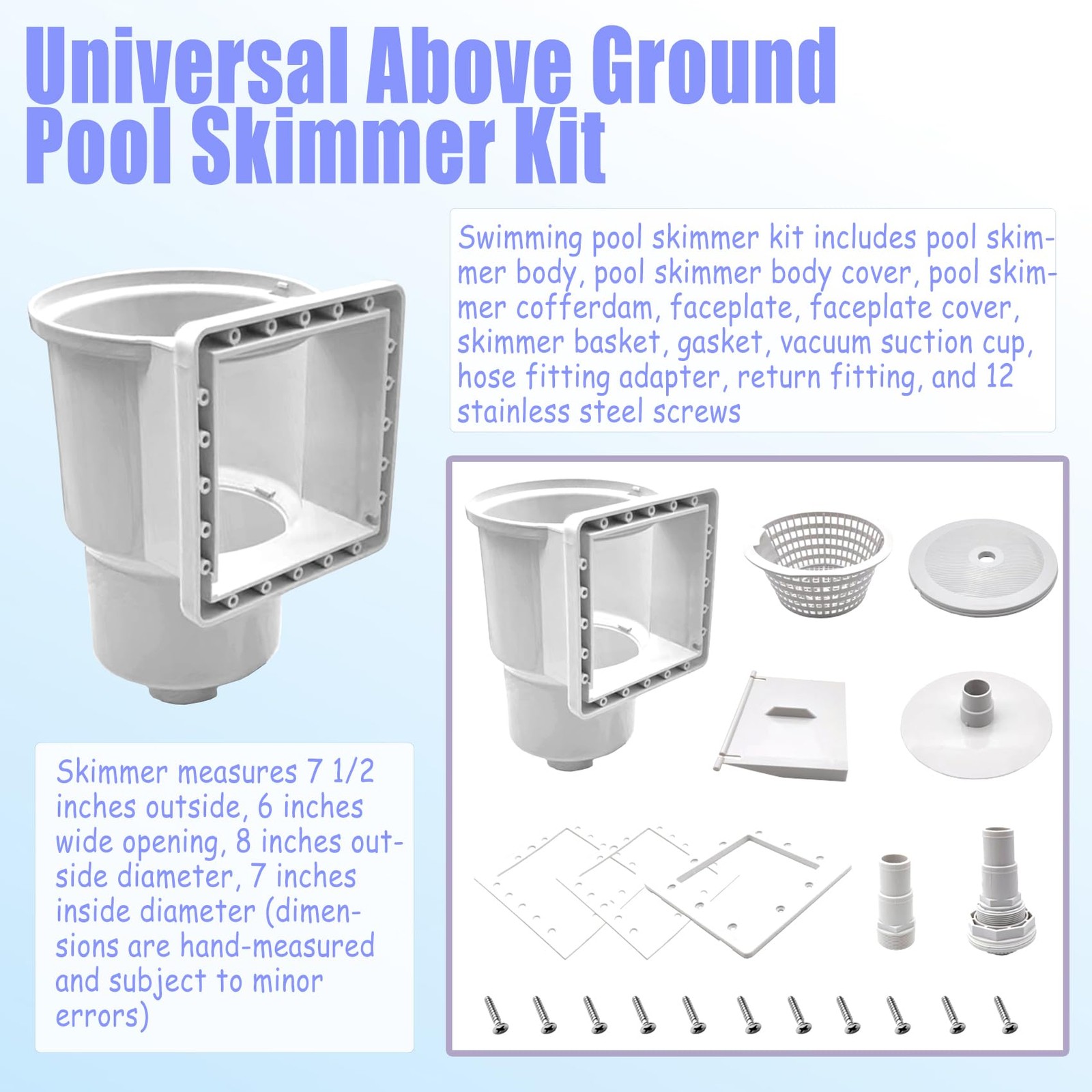 Above Ground Pool Skimmer Thru Wall Replacement 6 Inch Opening ABS Plastic Kit