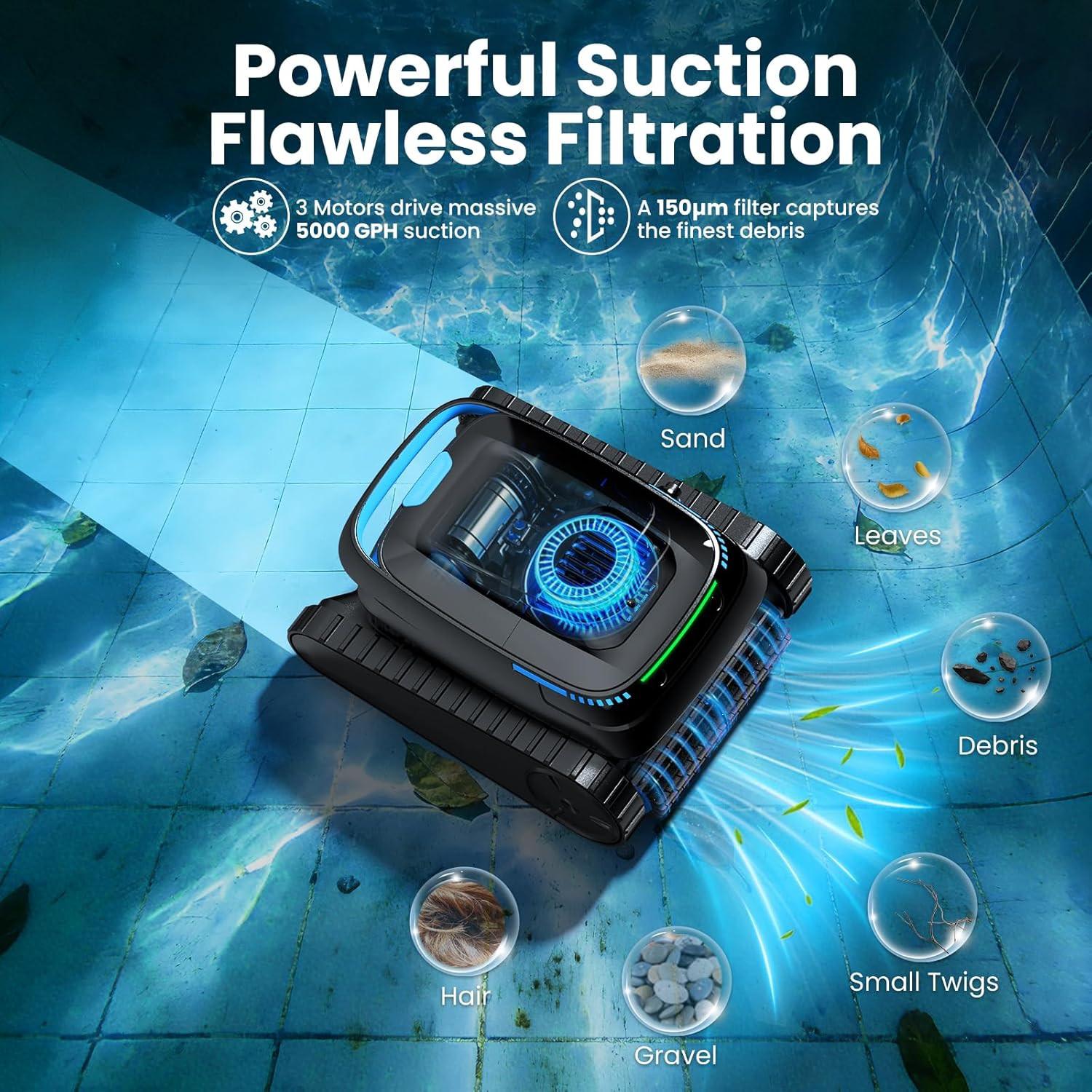 Robotic Pool Vacuum PC10, Cordless Pool Cleaner Robot for Inground & above Groun