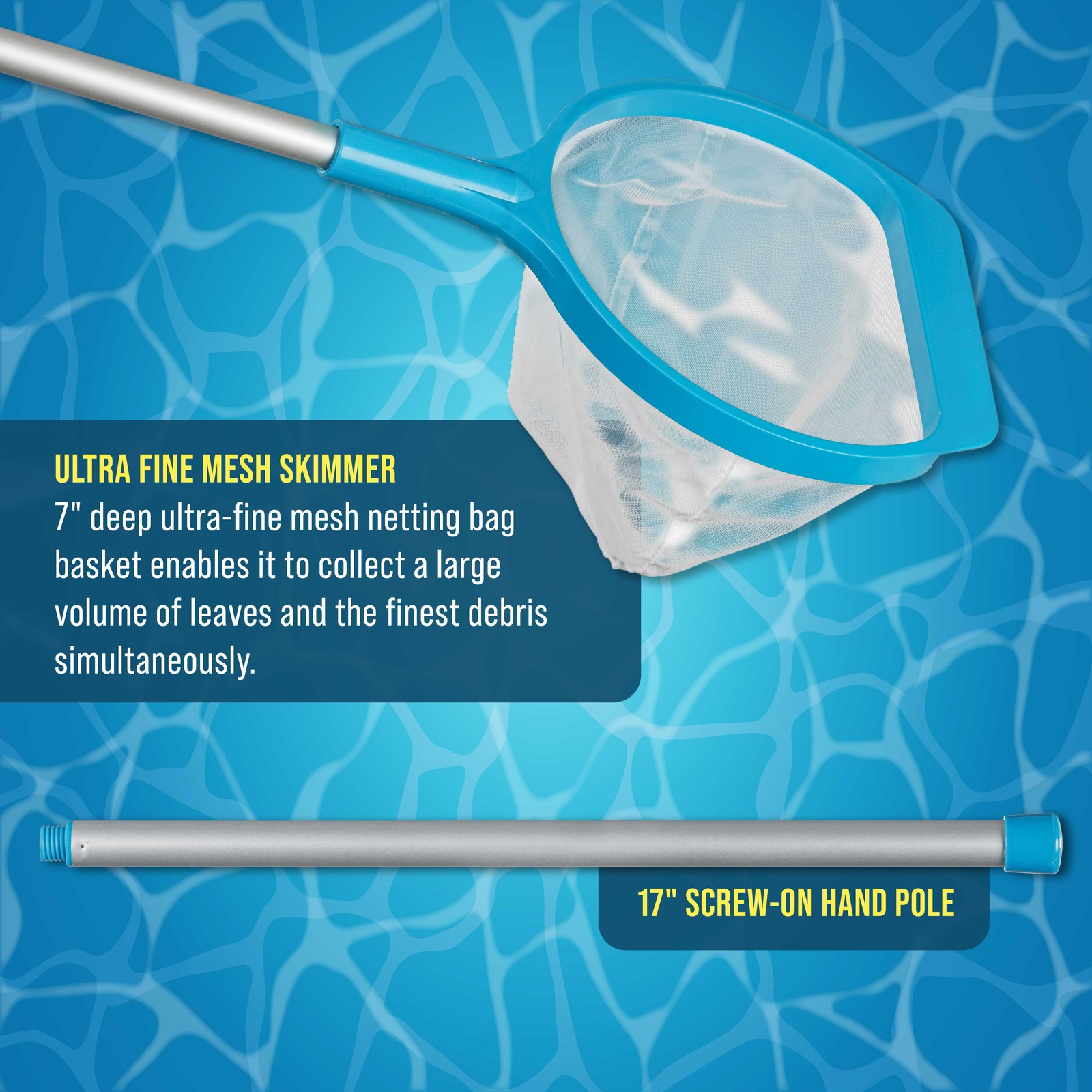 27&Prime; Swimming Pool Hand Leaf Skimmer Net & Pole – Deep Ultra Fine Mesh Netting