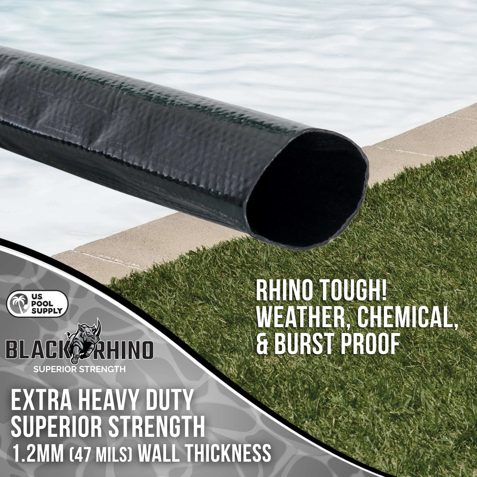 U.S. Pool Supply Black Rhino 2&Prime; x 25&prime; Pool Backwash Hose with Hose Clamp