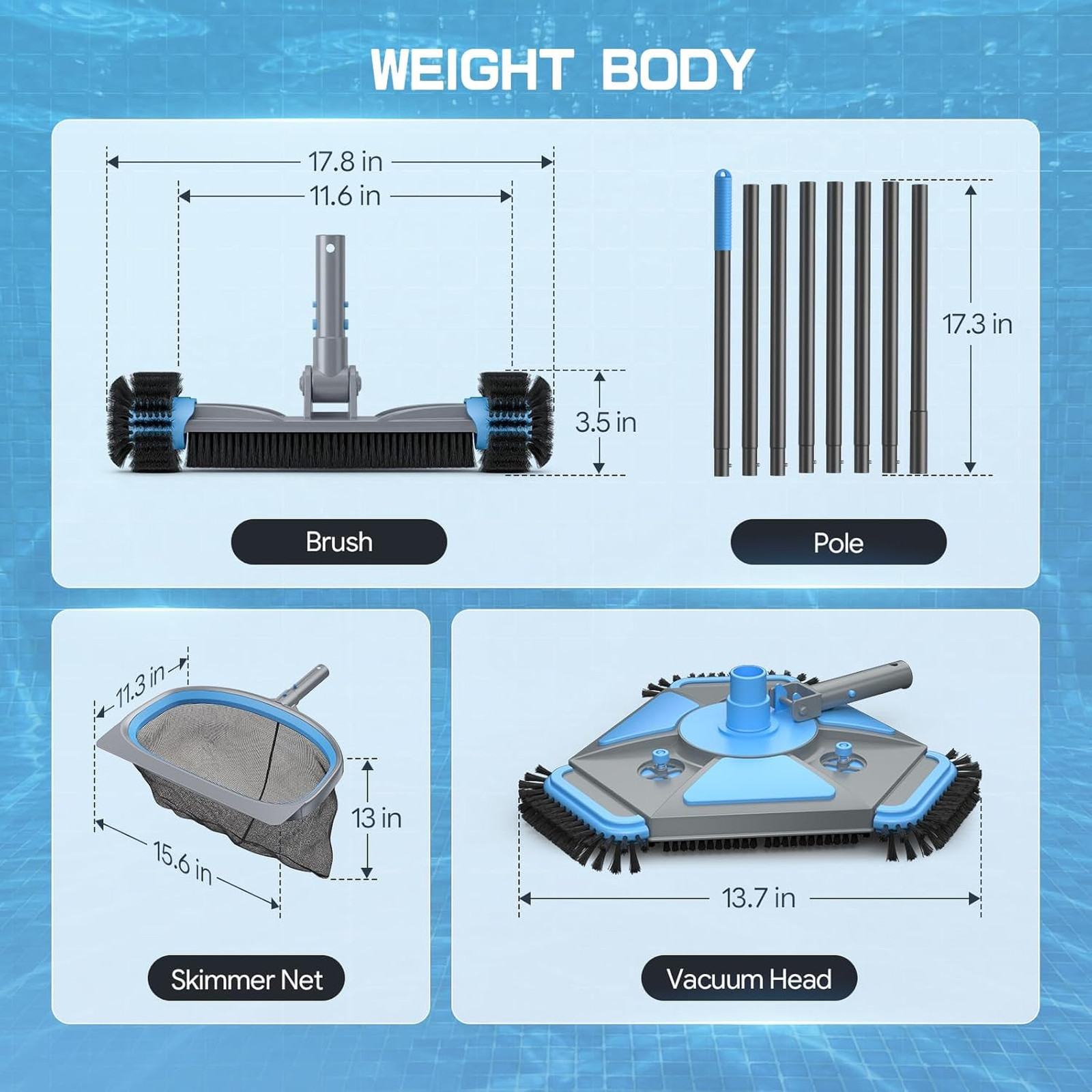 Pool Cleaning Kit with Vacuum Head Brush Skimmer Net and Extendable Aluminum