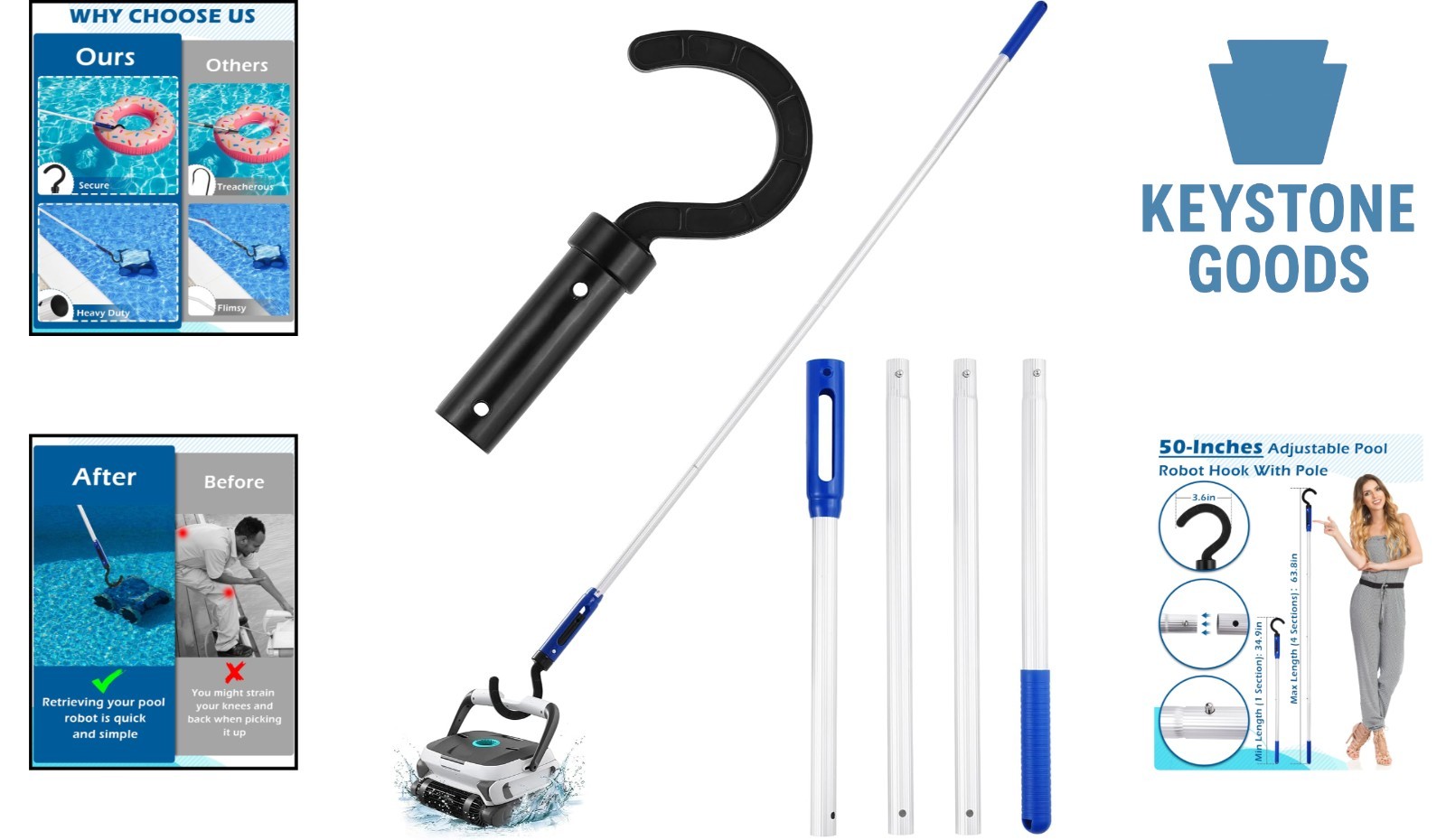 Adjustable Stainless Pool Robot Retrieval Hook & Pole – Heavy-Duty, Rust-Proo…