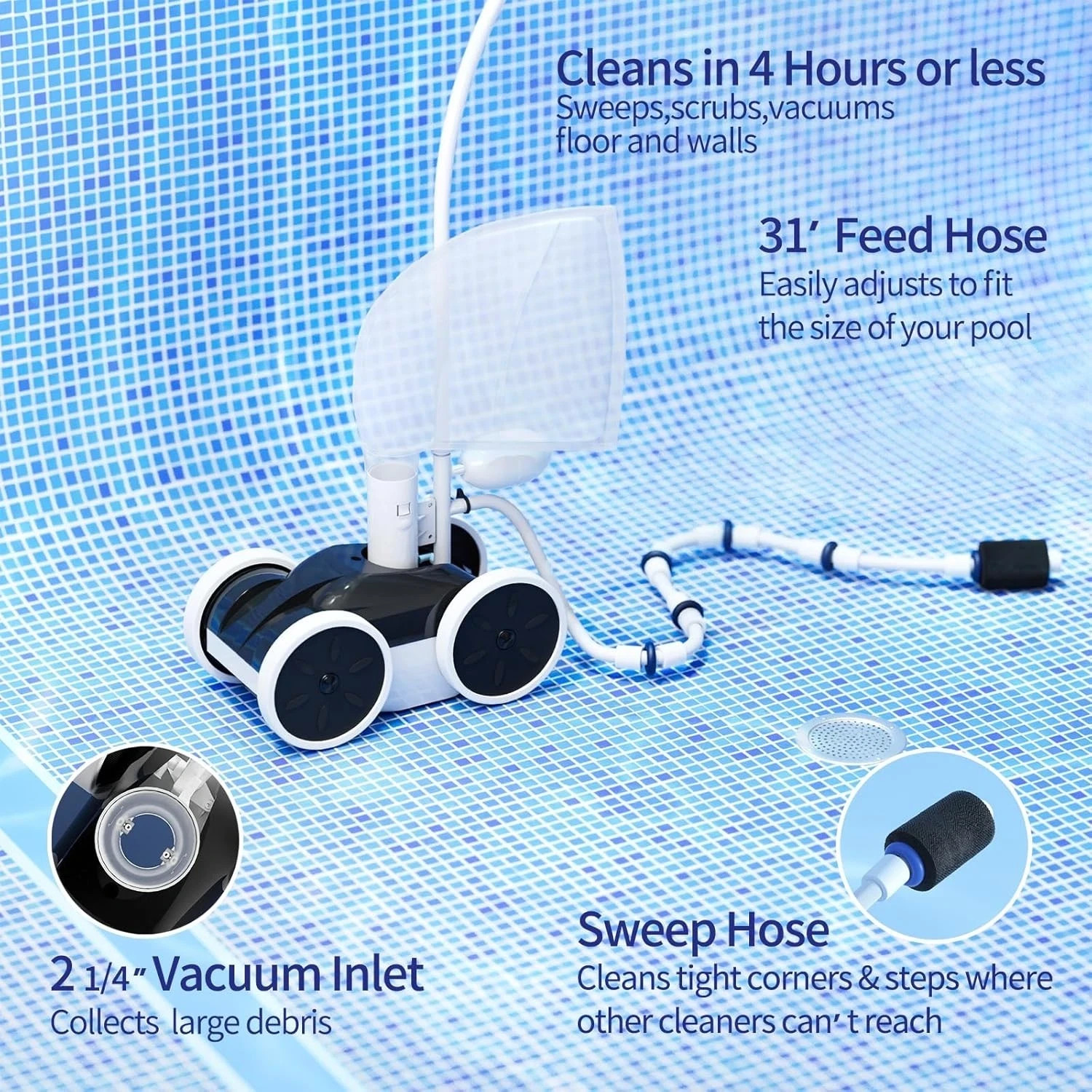Amptyhub 4-Wheel Professional Pressure Side Sweeper Pool Cleaner