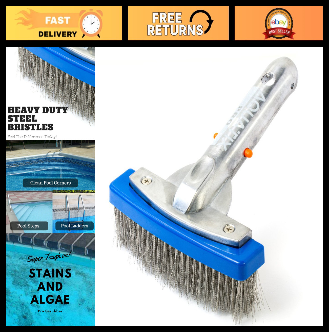 Heavy Duty 5&Prime; Pool Brush with Stainless Steel Bristles & Aluminum Handle – Clean