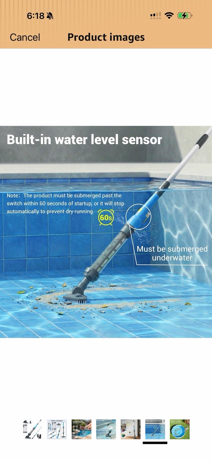 Cordless Rechargeable Pool Vacuum 60 Min w/ Telescopic Pole, Brush & Charger