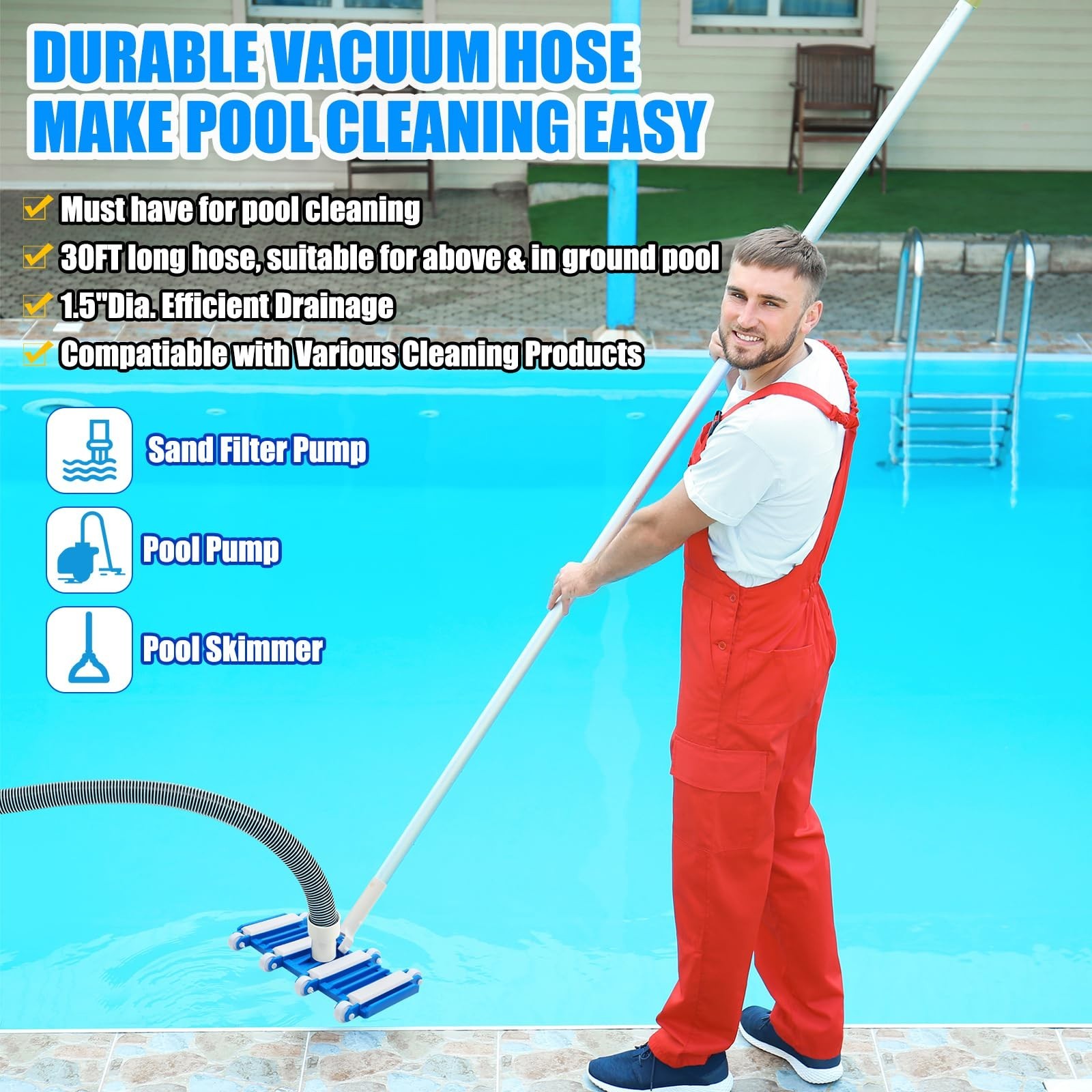 3 Pcs Pool Cleaning Kit – Vacuum Head, 30ft Hose, 14&Prime; Brush for Inground/Above G