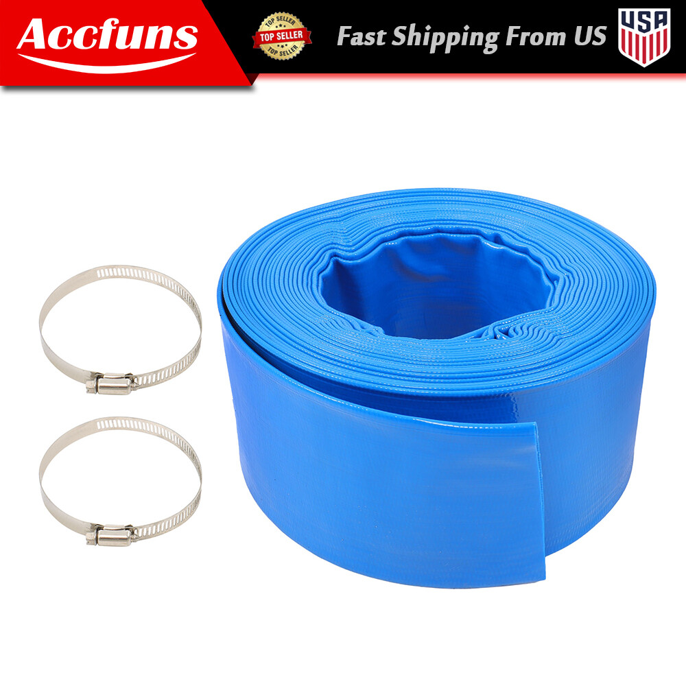3&Prime; x 50 ft Blue PVC Lay Flat Water Discharge Pump Hoses With Two Hose Collets