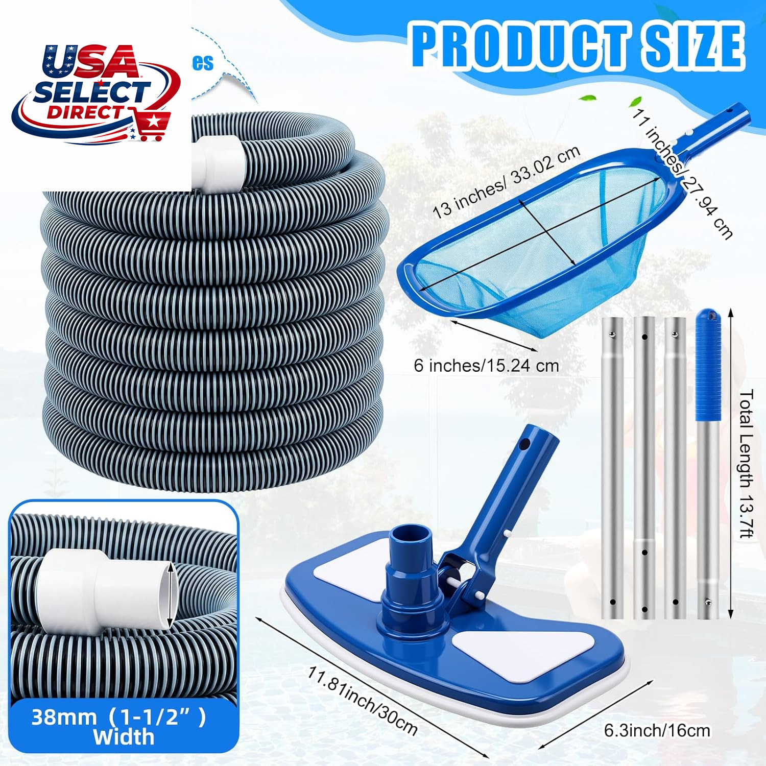 4 Pcs Pool Vacuum Kit with 11.8&Prime; Head, 29.5 Ft Hoses, Skimmer Net
