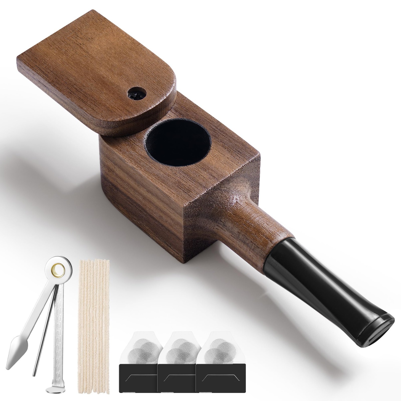 Sivaopa Tobacco Pipe Set – Walnut Wood Square Design Compact Size Light Brown