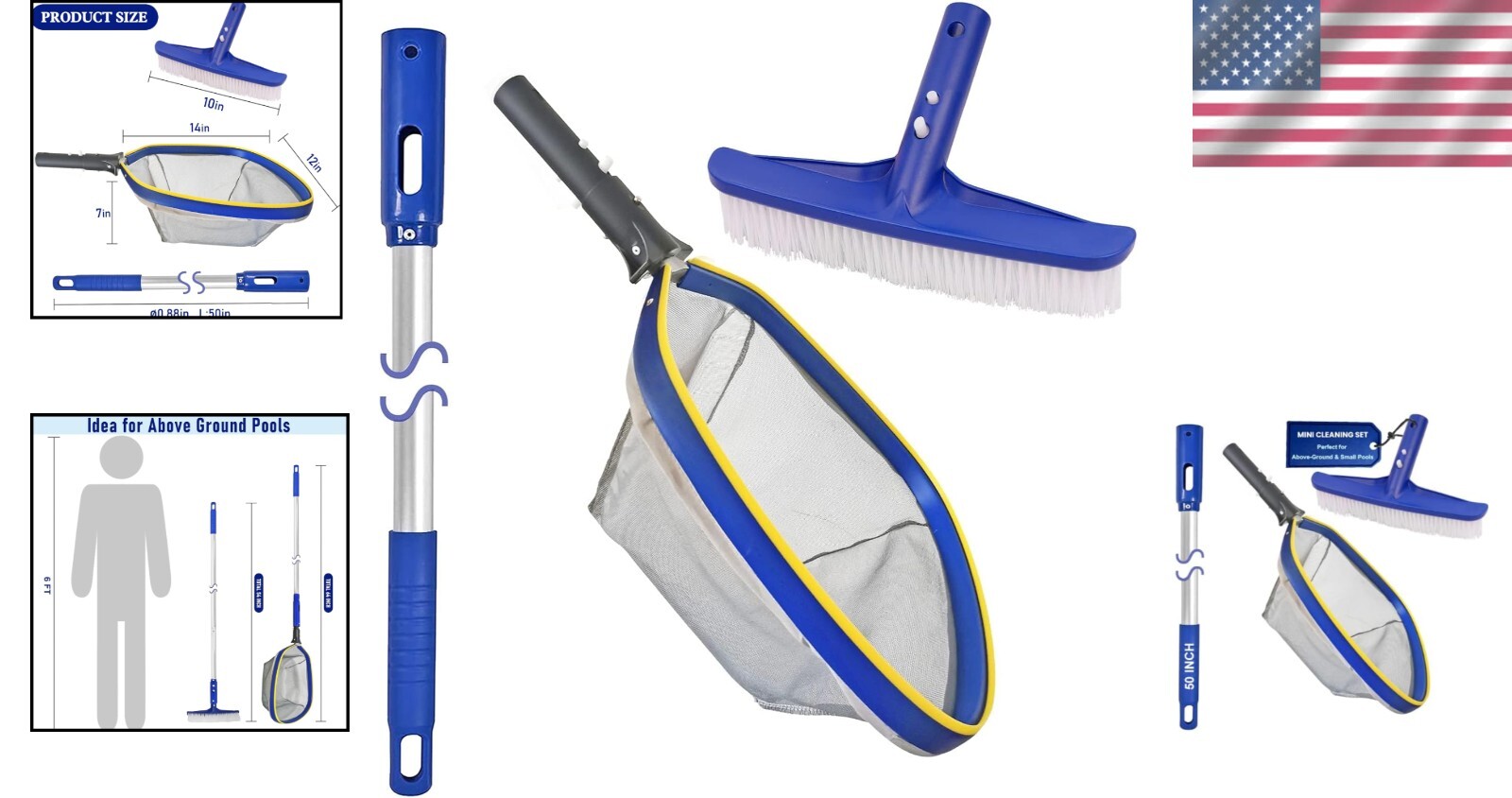 Deluxe Swimming Pool Cleaning Set: 14 » Brush, 50 » Adjustable Pole, Skimmer