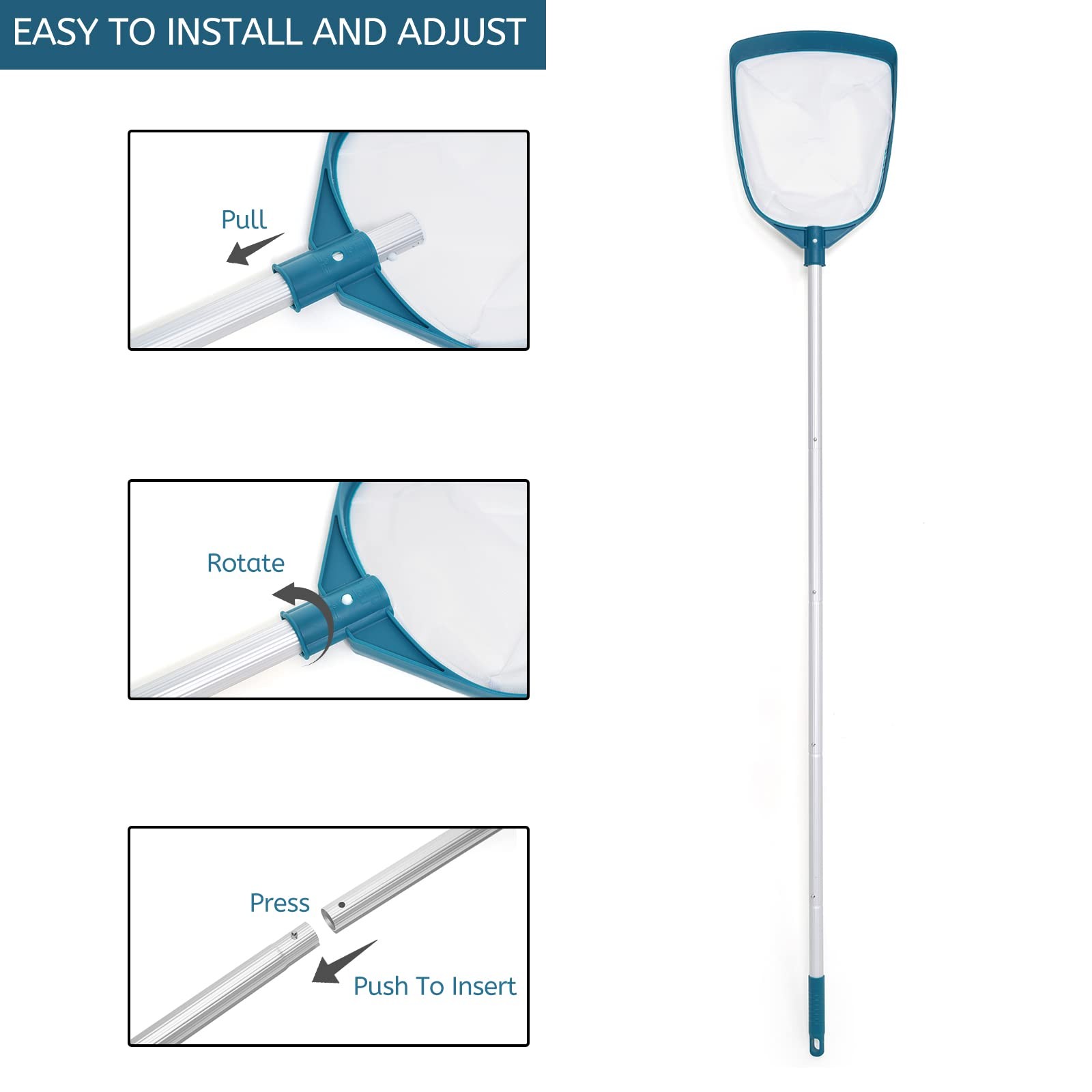 Pool Skimmer Net with Adjustable Pole Leaf Rake for Hot Tubs Spas Fountains