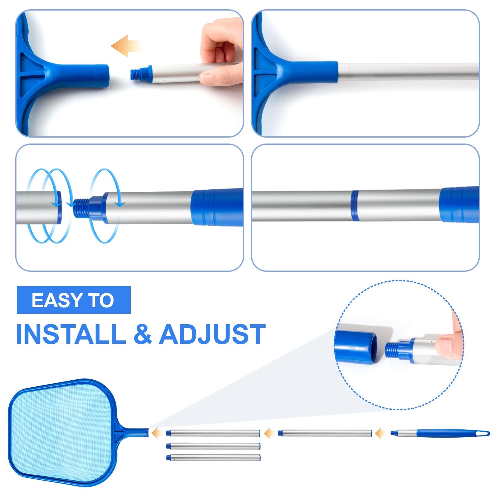 Pool Skimmer Net w/ Adjustable Telescopic Pole for Swimming Pools Spas Hot Tubs