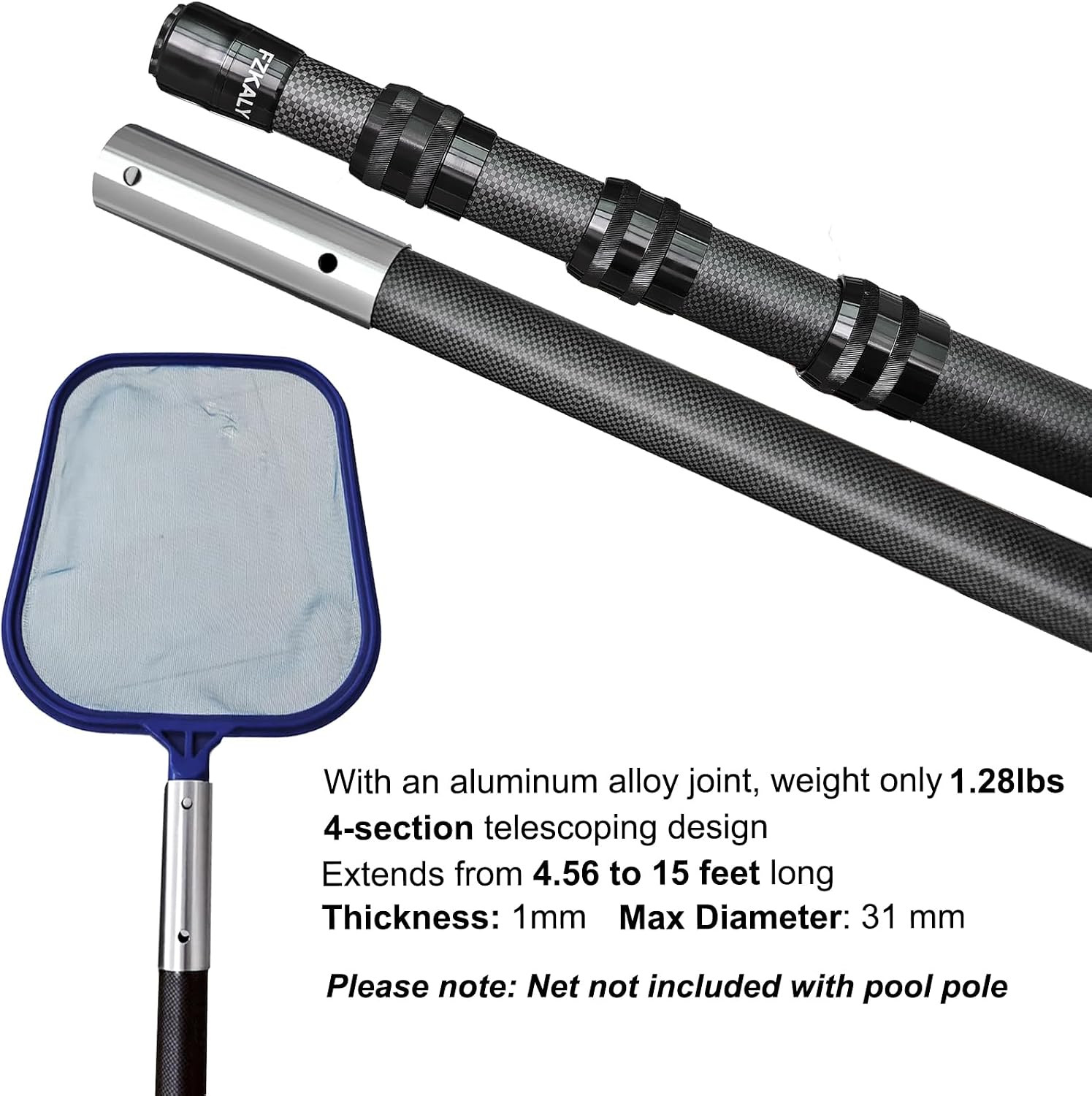 Carbon Fiber Pool Pole, Professional 15 FT Telescoping Swimming Pool Cleaning Po