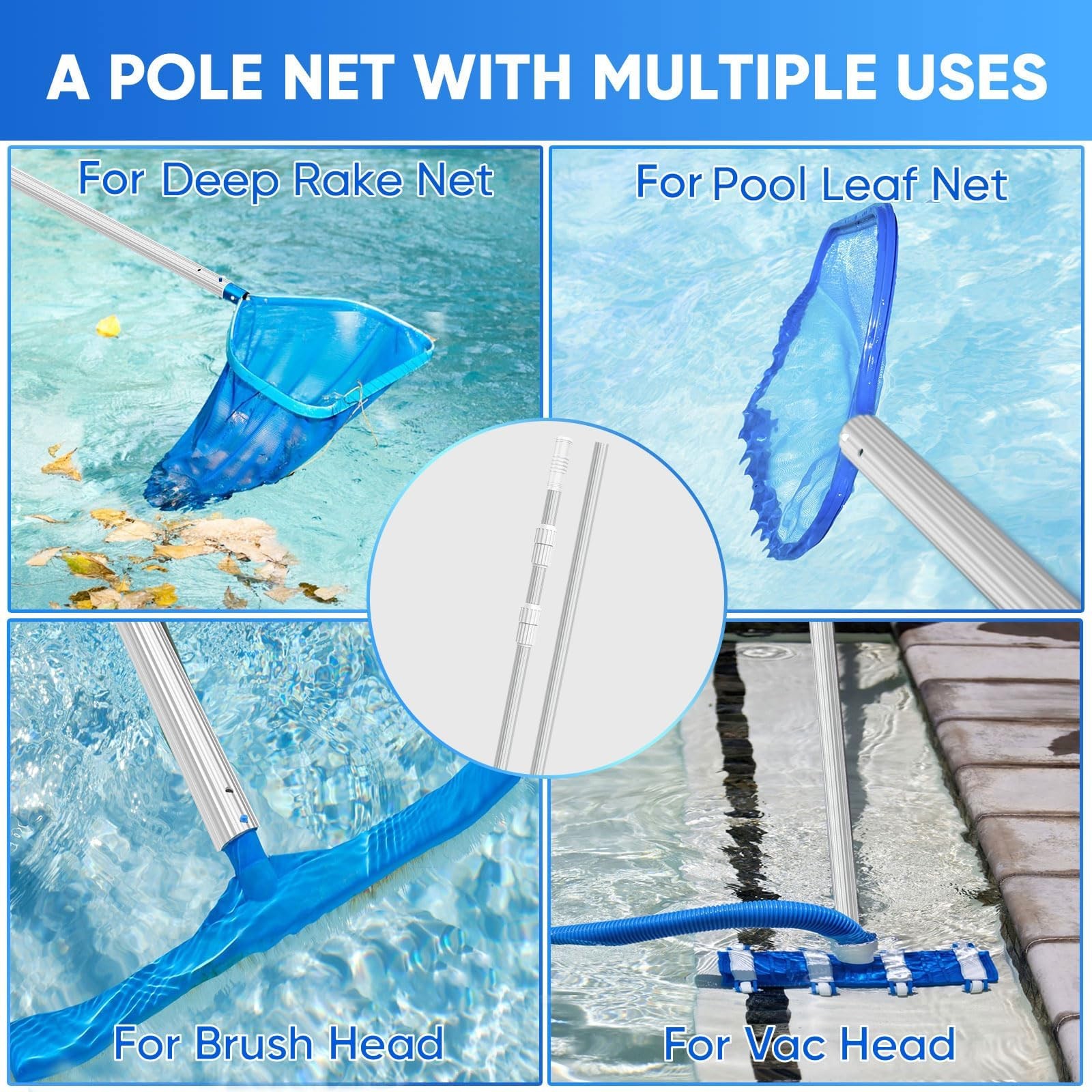 WXFANA 12FT Telescopic Pool Pole, Pool Skimmer Pole Heavy Duty, Adjustable 3 …