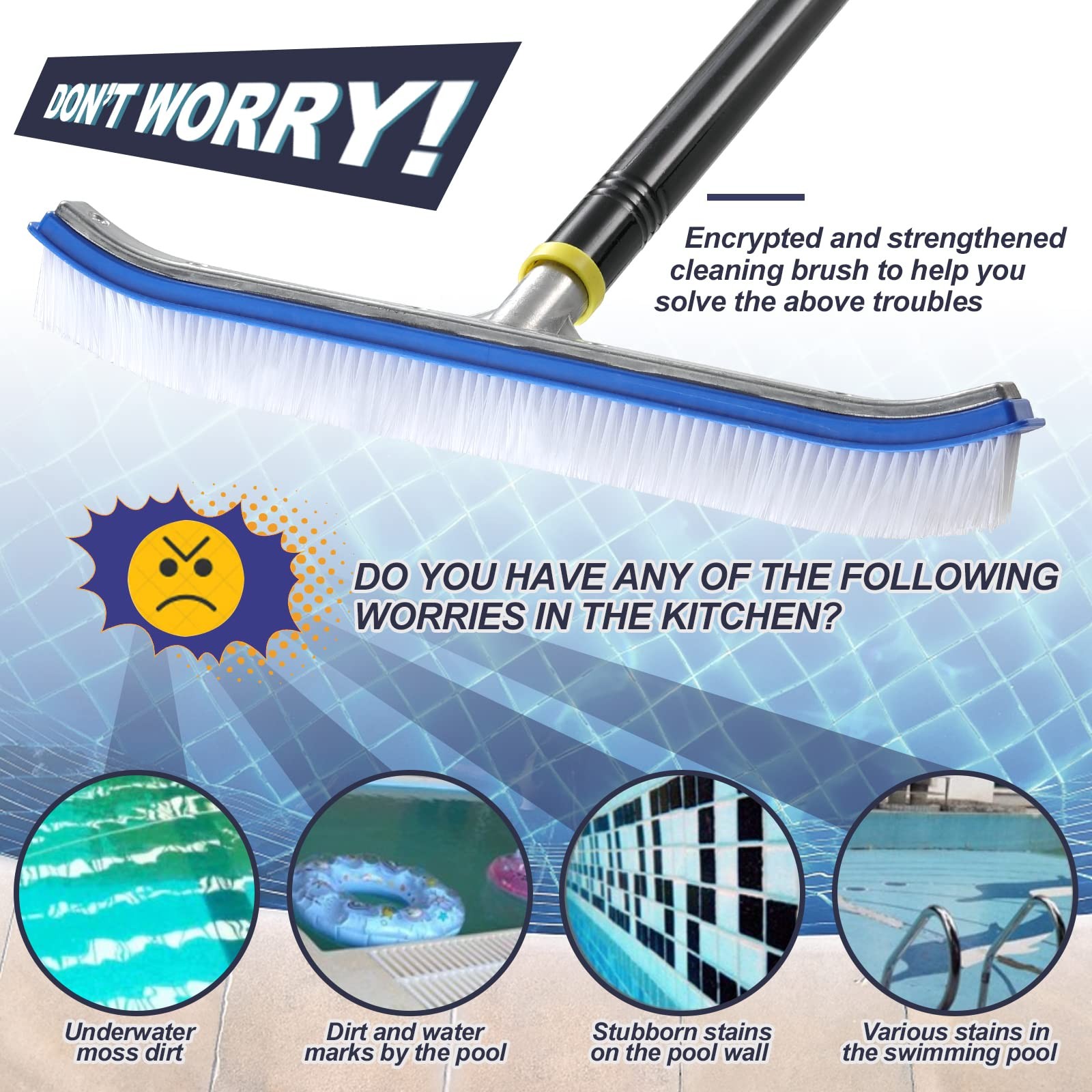 Swimming Pool Wall Tile Brush,18&Prime; Polished Aluminum Back Pool Scrub Brush Hea…