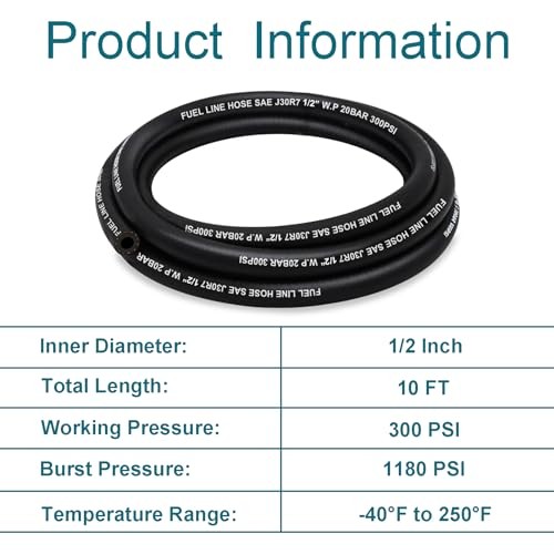 1/2 Inch ID Fuel Line, 10FT J30R7 NBR with 10 Clamps.
