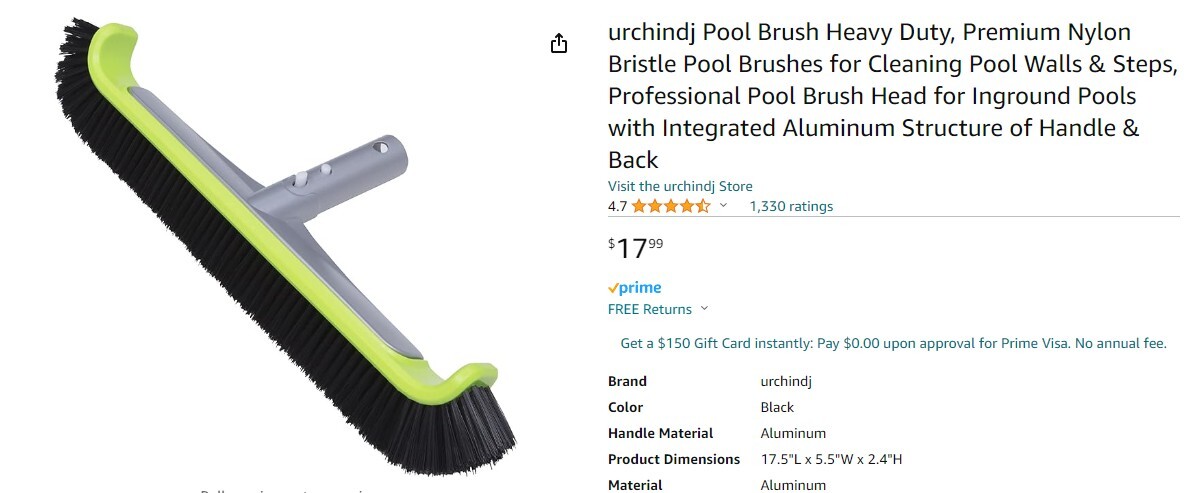 Pool Brush Head 17.5&Prime; Heavy Duty Curved Edge for Swimming Pool Walls Floor Tile