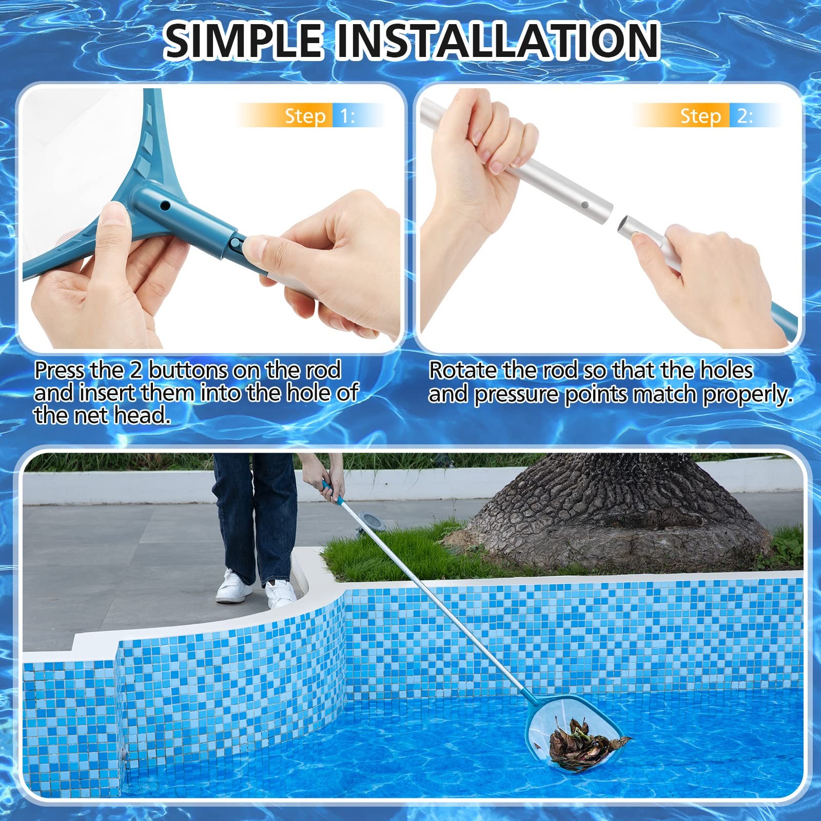 Professional Pool Skimmer Net 57 inch with 4 Aluminum Poles – Fine Mesh for F…