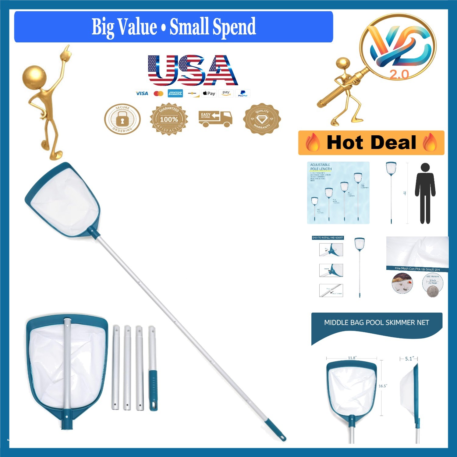 Adjustable Aluminum Pool Skimmer Net with Fine Mesh for Cleaning Pools